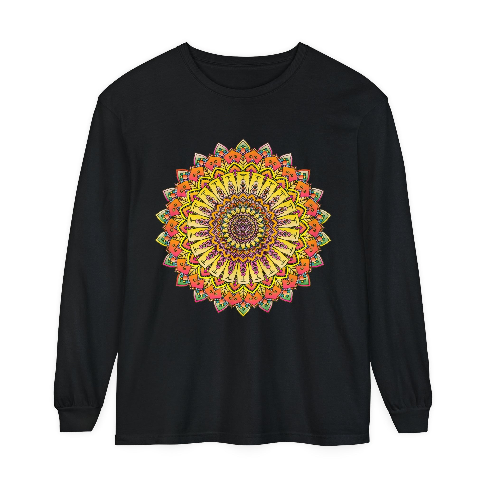 Intricate Mandala Unisex Long Sleeve T-Shirt featuring vibrant, detailed mandala design