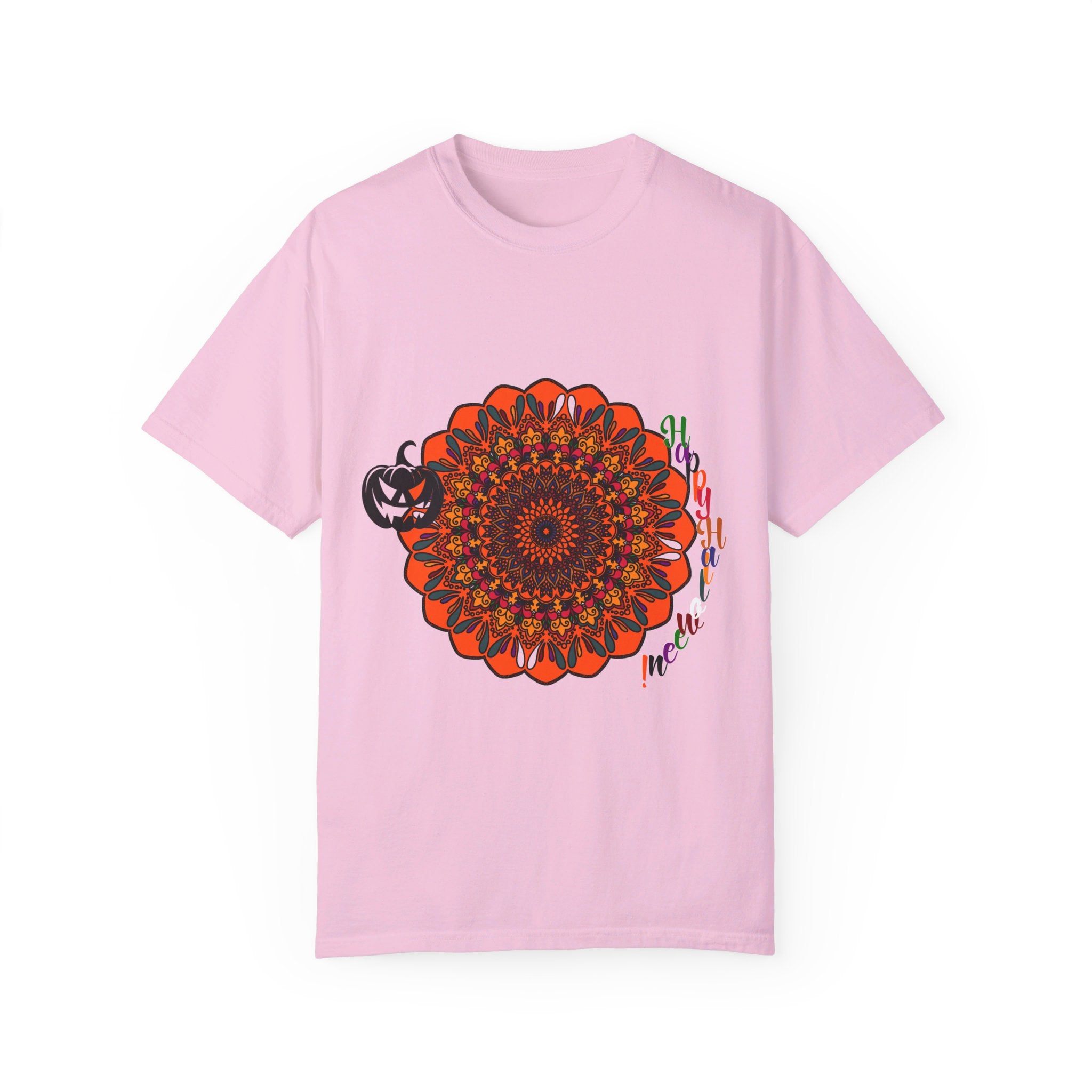 Unisex Halloween Mandala T-shirt featuring handmade pumpkin mandala art on a garment-dyed tee