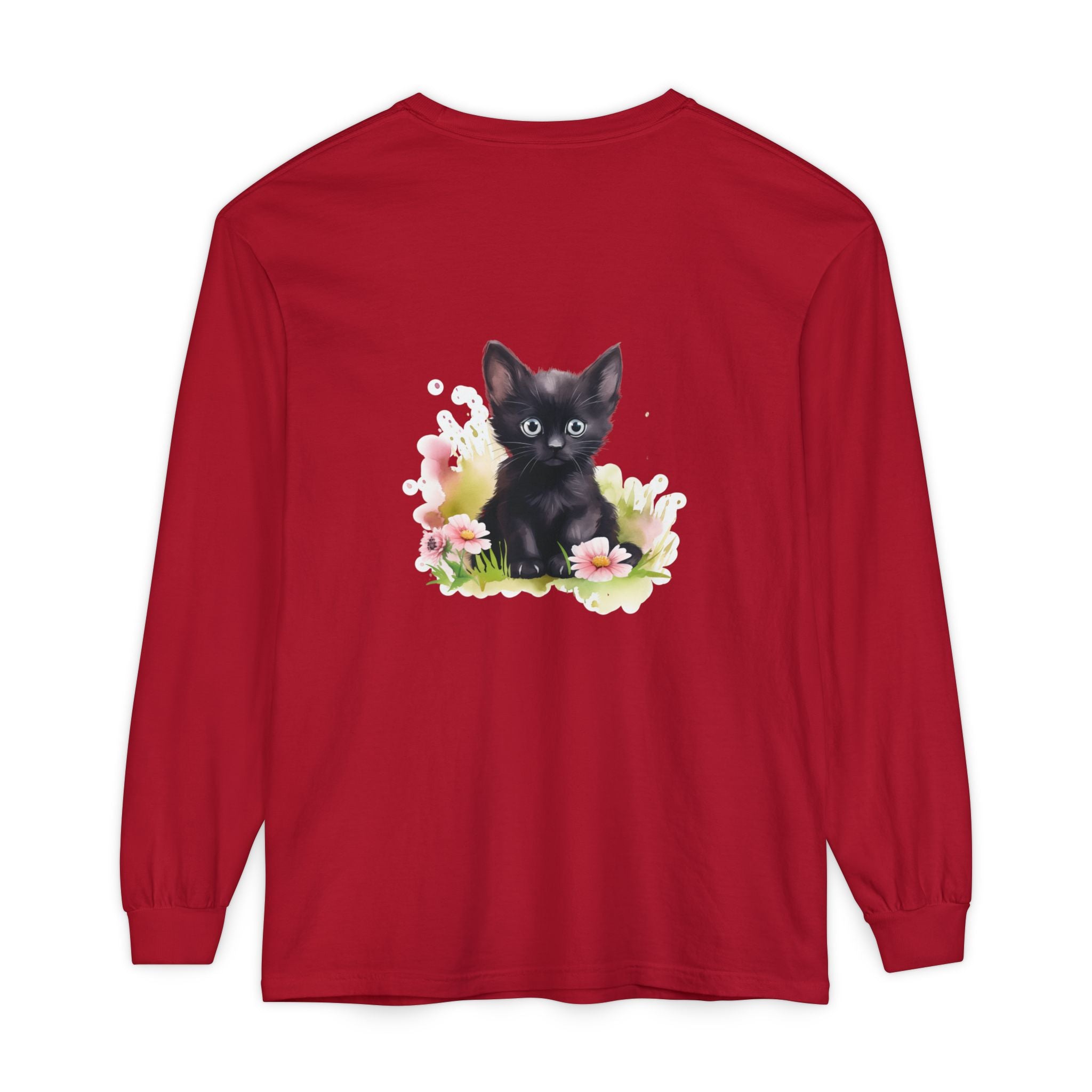 Langarmshirt | Schwarzes Kätzchen & rosa Blumen