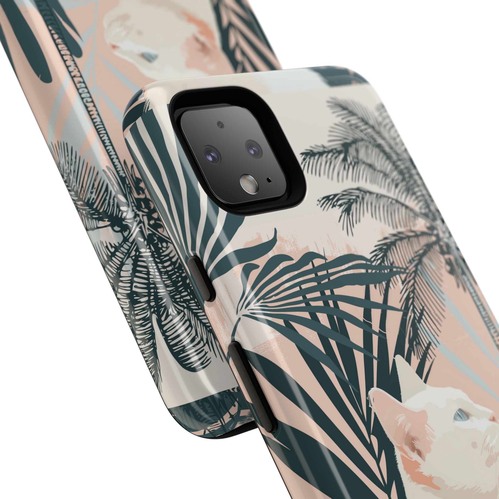 Tropical Cat Phone Case with Lush Palm Motifs and Soft Pastels
