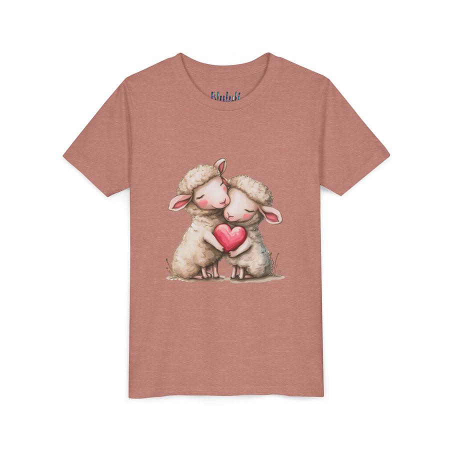 Youth Tee - Cartoon Sheeps Hugging Heart, Cute and Lovely Design