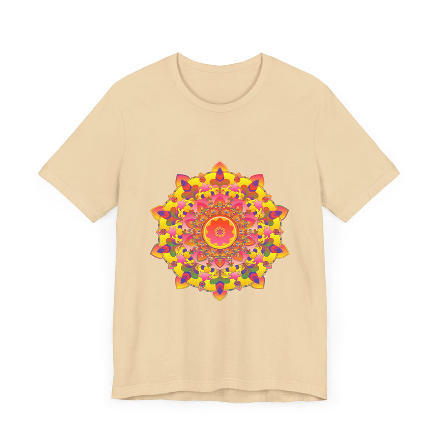 A close-up image of a vibrant mandala tee, featuring intricate spiritual art