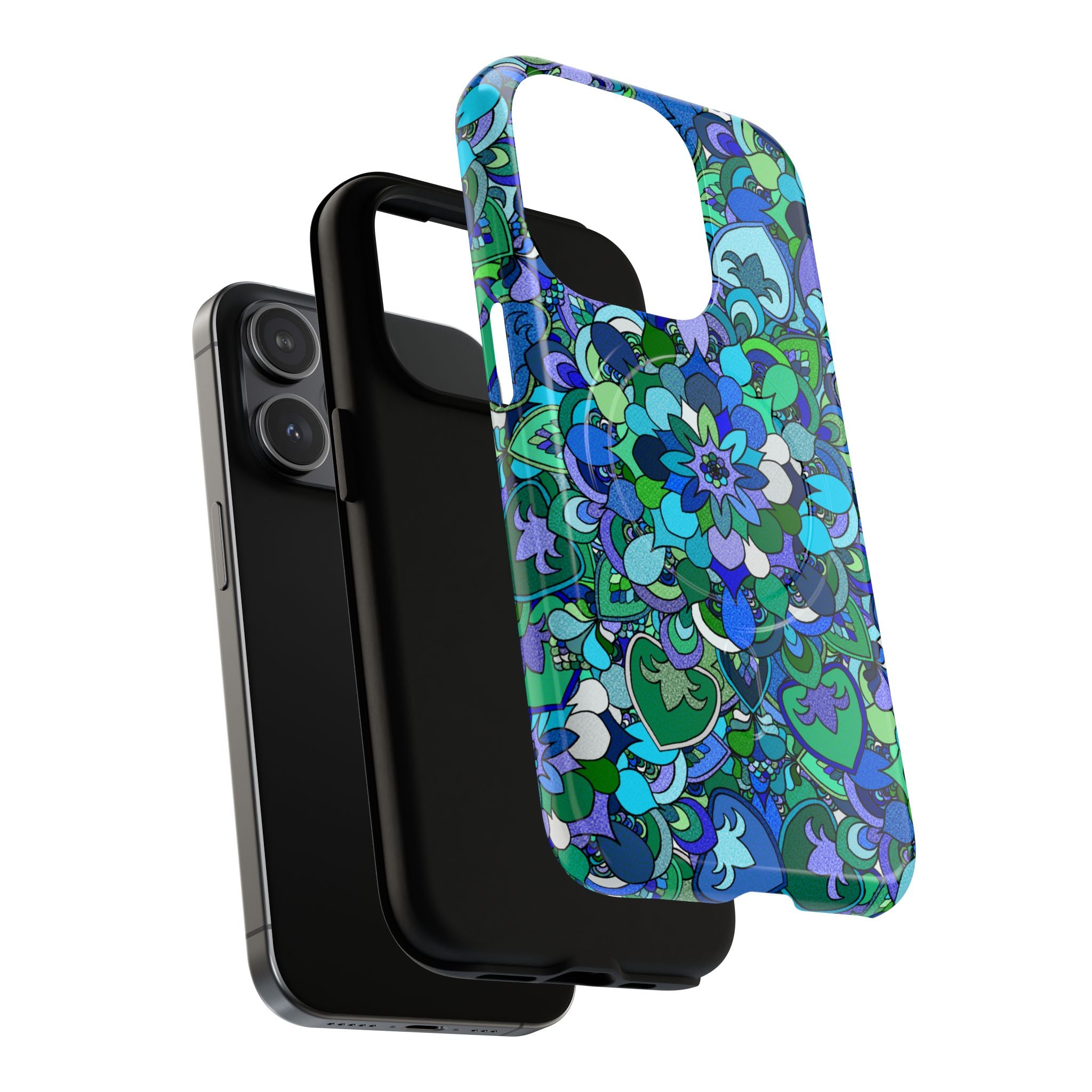 Cover Rigida Magnetica per Telefono con Mandala Floreale — Motivo Blu Verde
