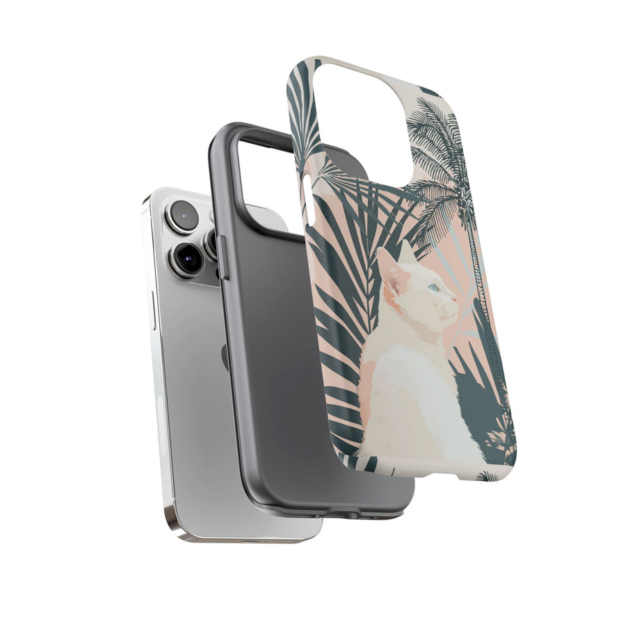 Tropical Cat Phone Case with Lush Palm Motifs and Soft Pastels