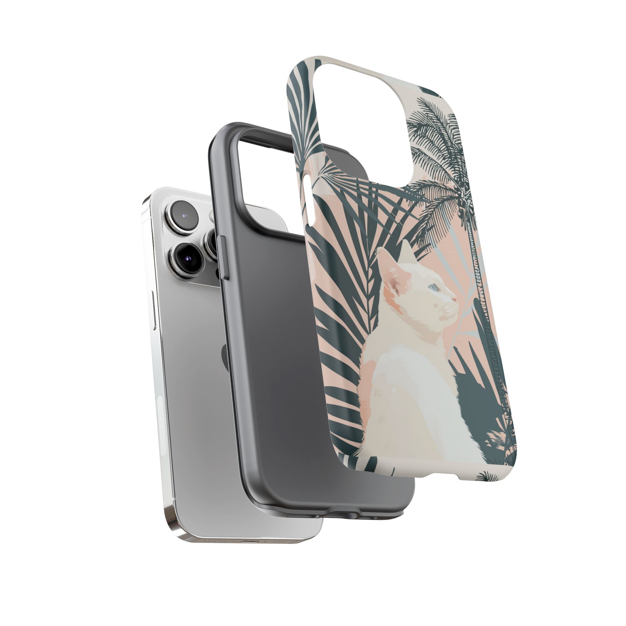 Tropical Cat Phone Case with Lush Palm Motifs and Soft Pastels
