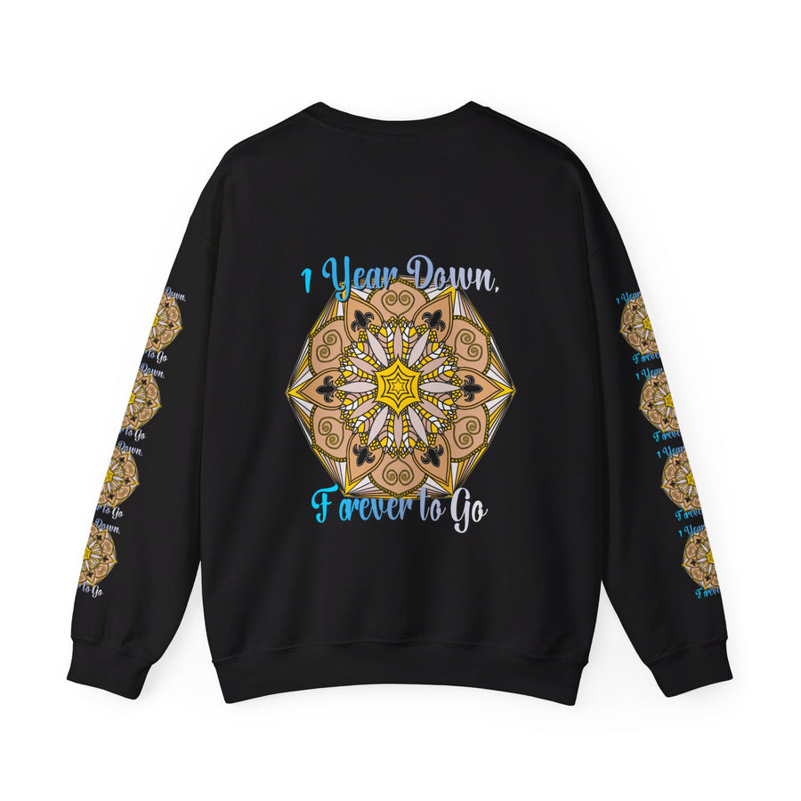 A unisex heavy blend crewneck sweatshirt in black with 1 Year Down, Forever to Go printed on the front, perfect for a first year wedding anniversary gift