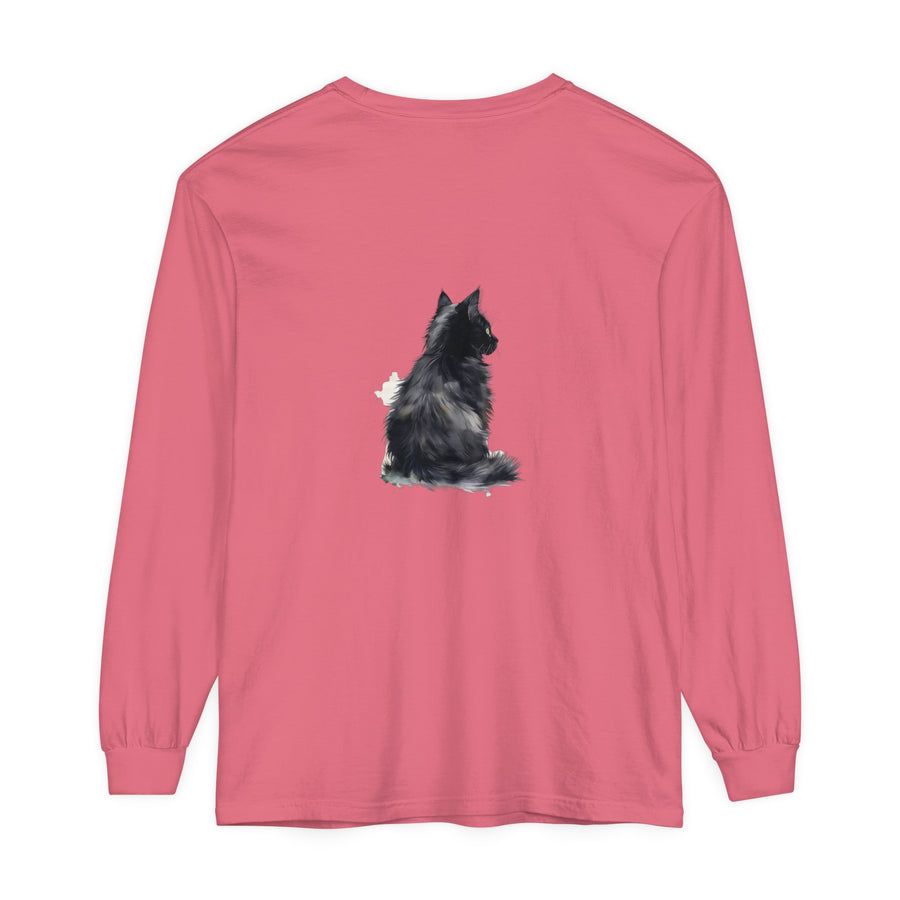 A long sleeve t-shirt featuring a watercolor illustration of a black and white cat