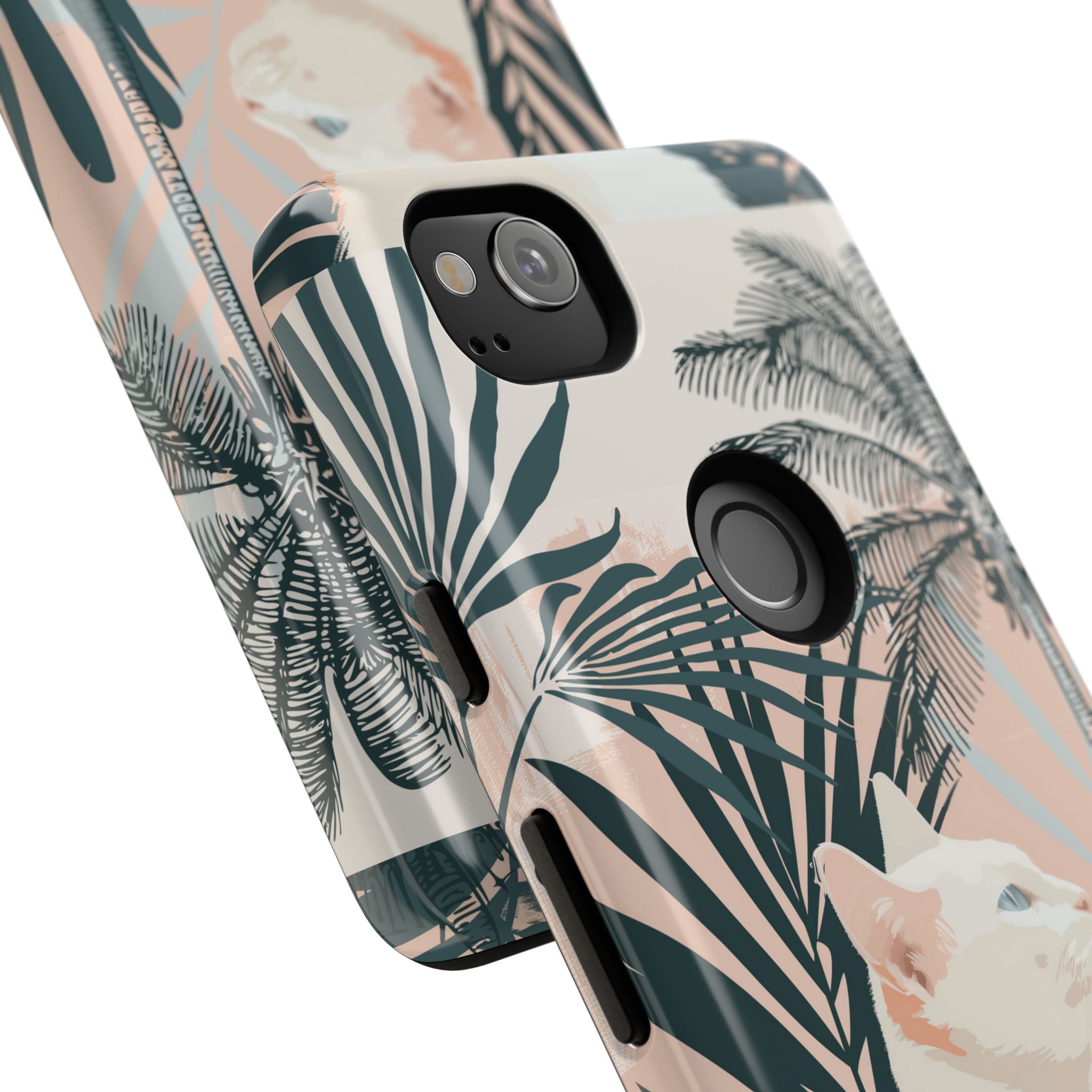 Tropical Cat Phone Case with Lush Palm Motifs and Soft Pastels