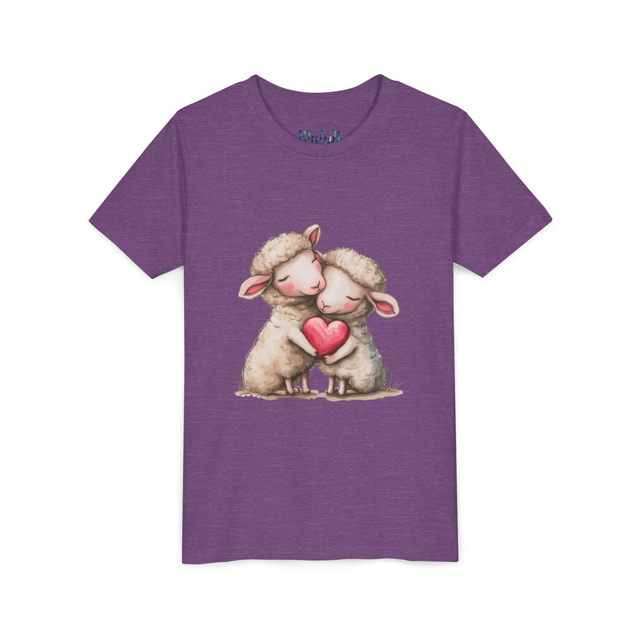 Youth Tee - Cartoon Sheeps Hugging Heart, Cute and Lovely Design
