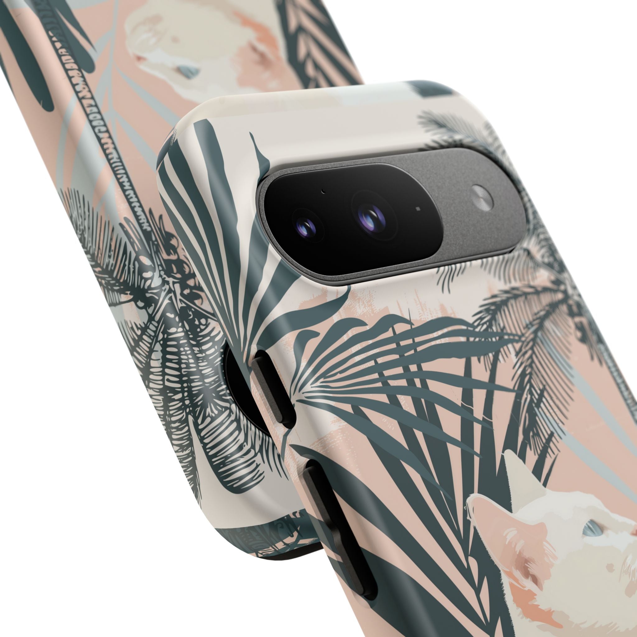 Tropical Cat Phone Case with Lush Palm Motifs and Soft Pastels