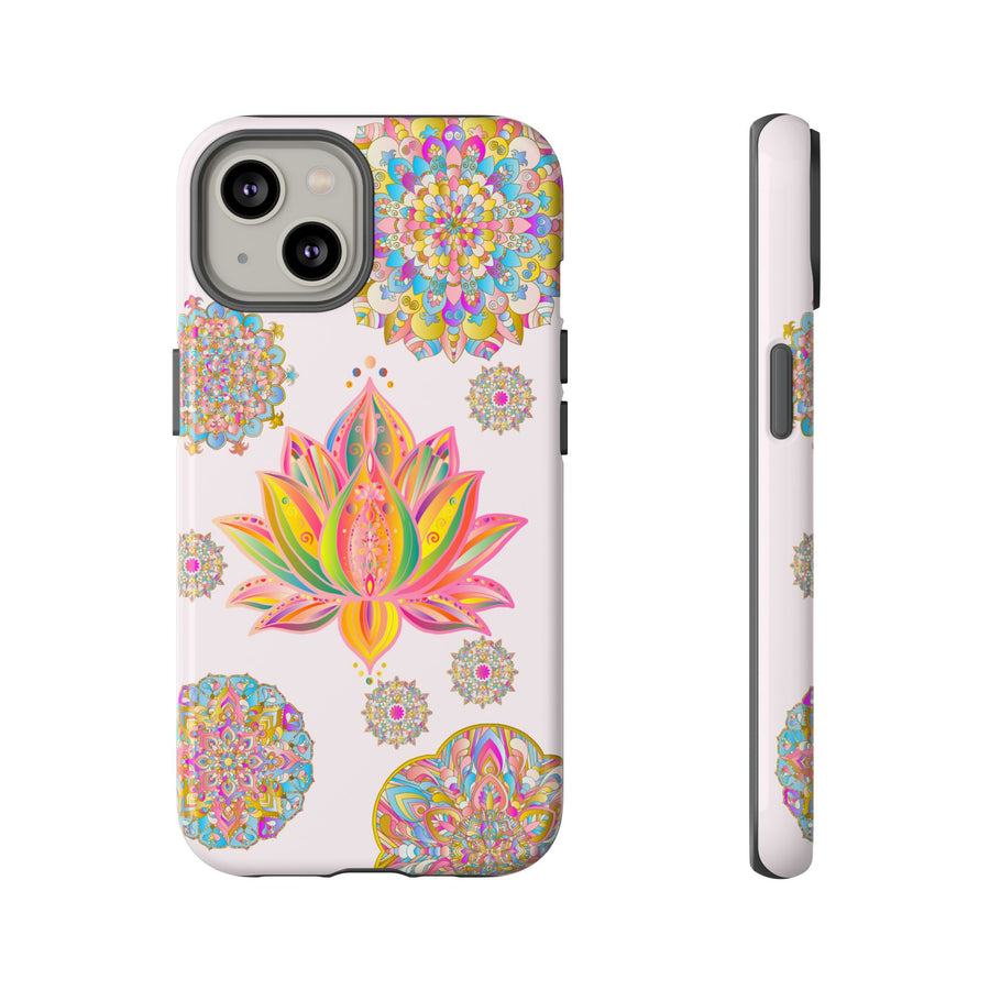 A close-up image of a light pink phone case with a mandala design and lotus flower pattern, perfect for adding a touch of elegance and style to your phone