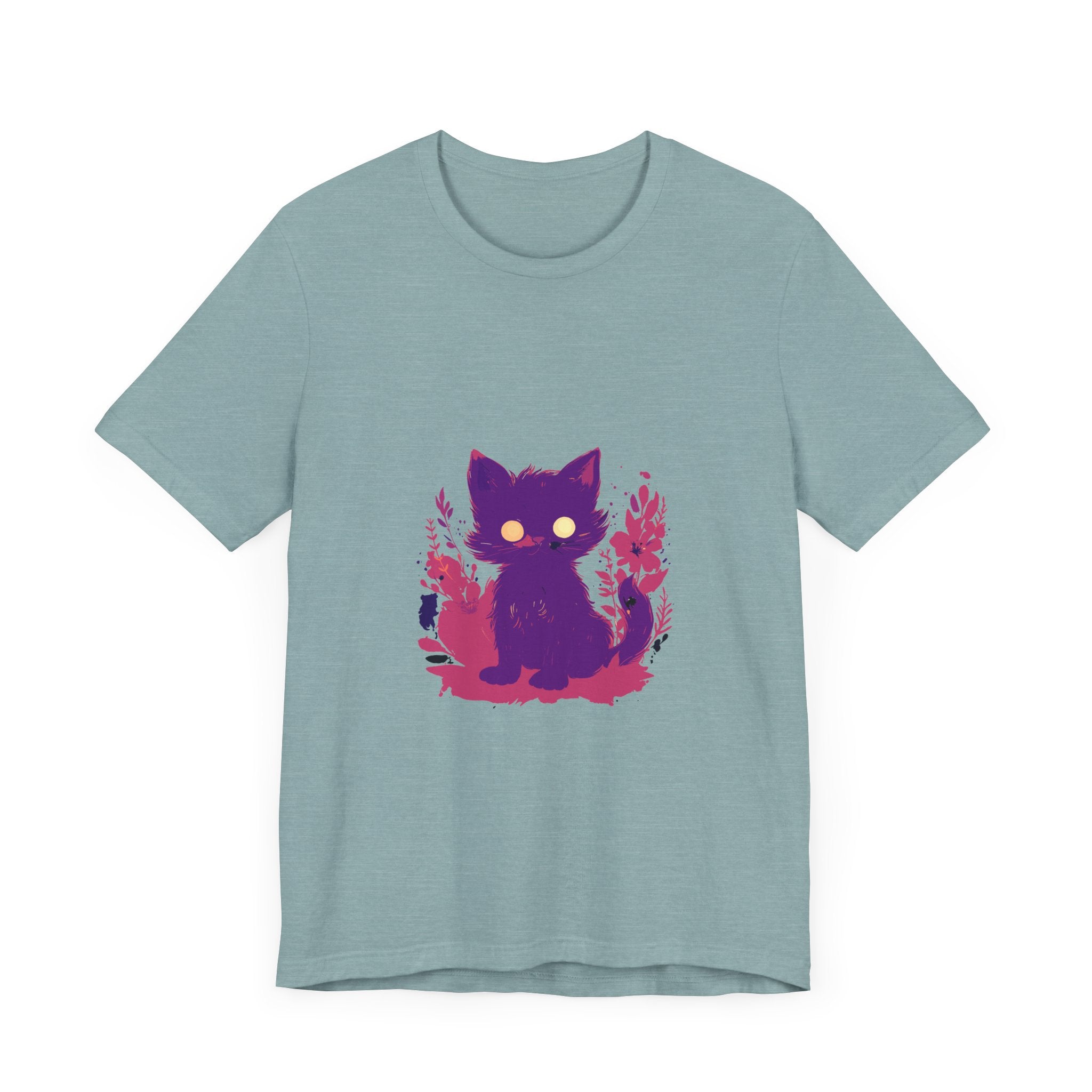 Vibrant purple t-shirt featuring a whimsical design of a mysterious cat