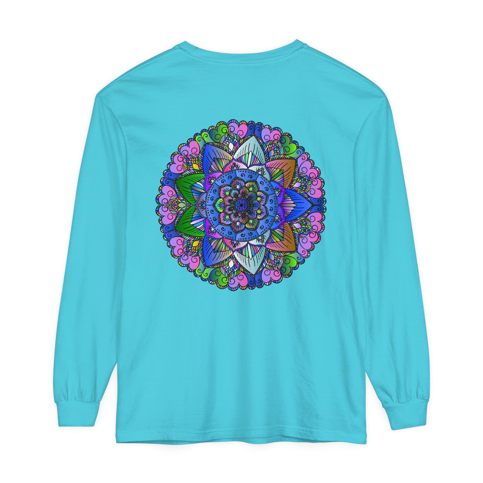 Vibrant Mandala Long Sleeve T-Shirt featuring intricate, colorful design for all genders