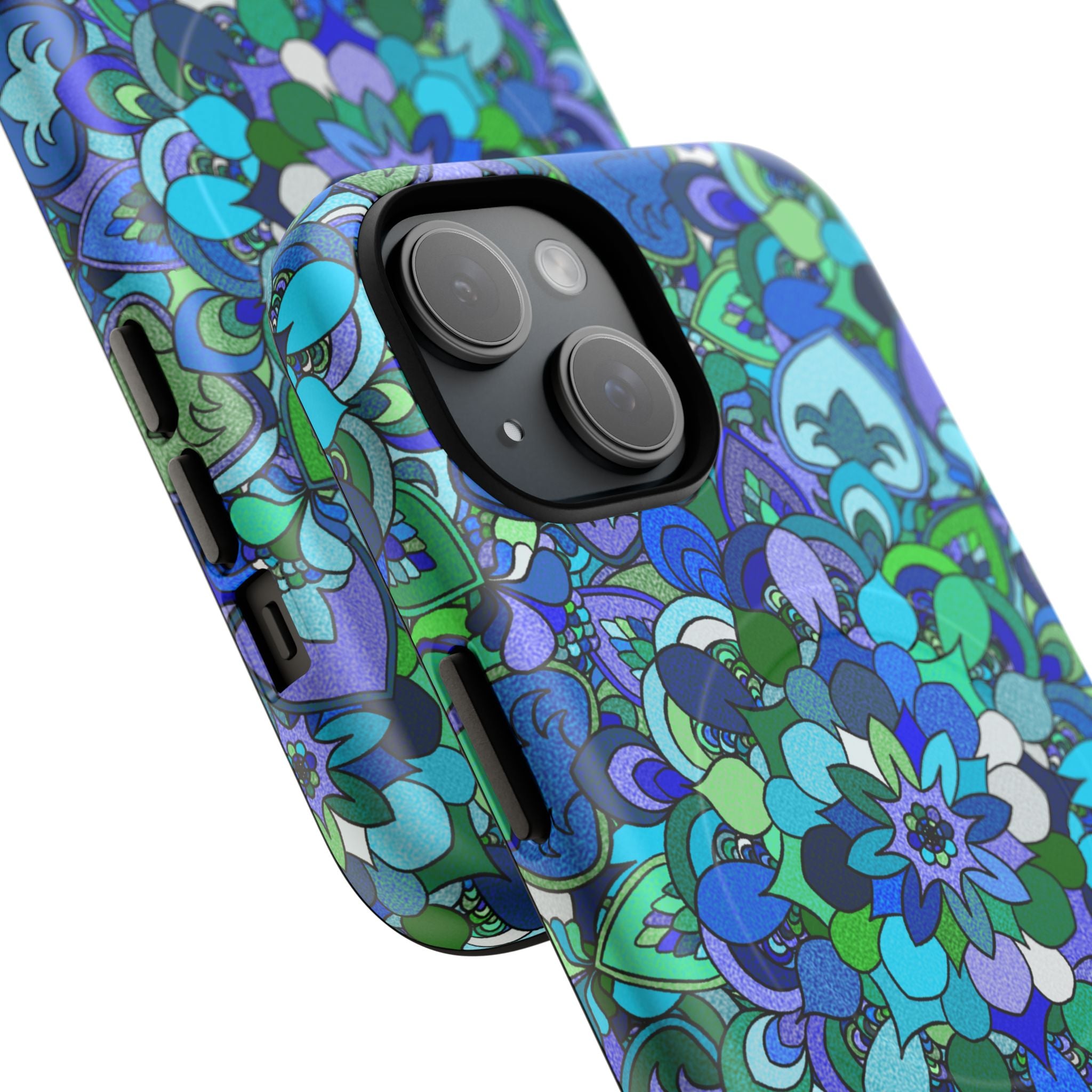 Cover Rigida Magnetica per Telefono con Mandala Floreale — Motivo Blu Verde
