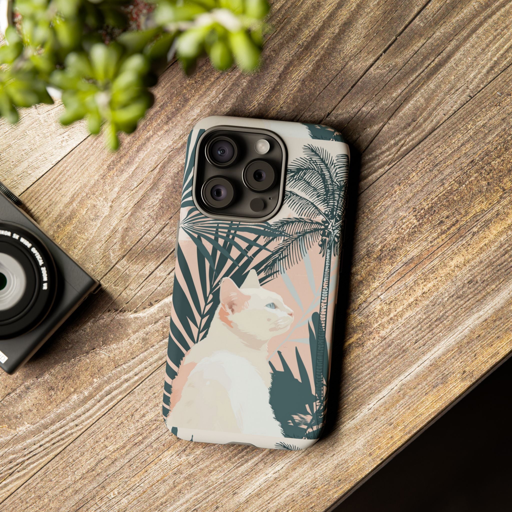 Tropical Cat Phone Case with Lush Palm Motifs and Soft Pastels