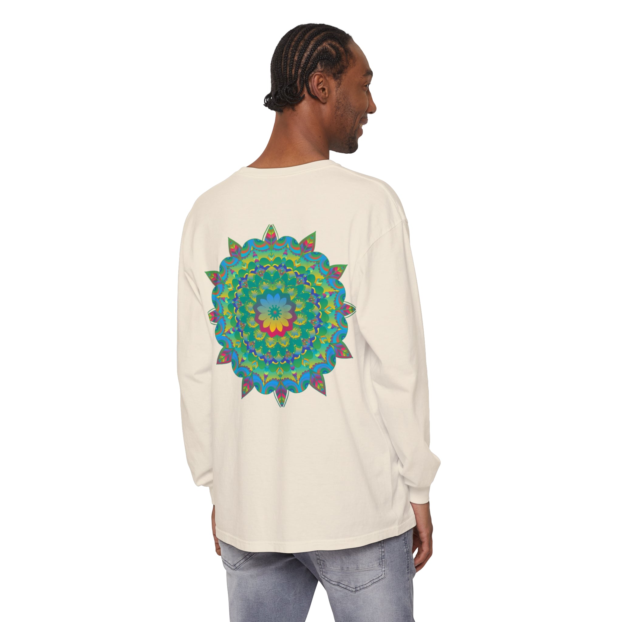 Colorful and intricate long sleeve t-shirt with a psychedelic mandala design