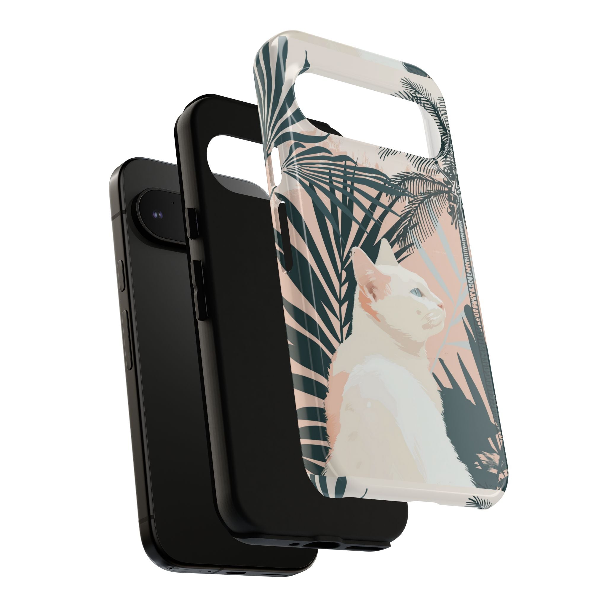 Tropical Cat Phone Case with Lush Palm Motifs and Soft Pastels
