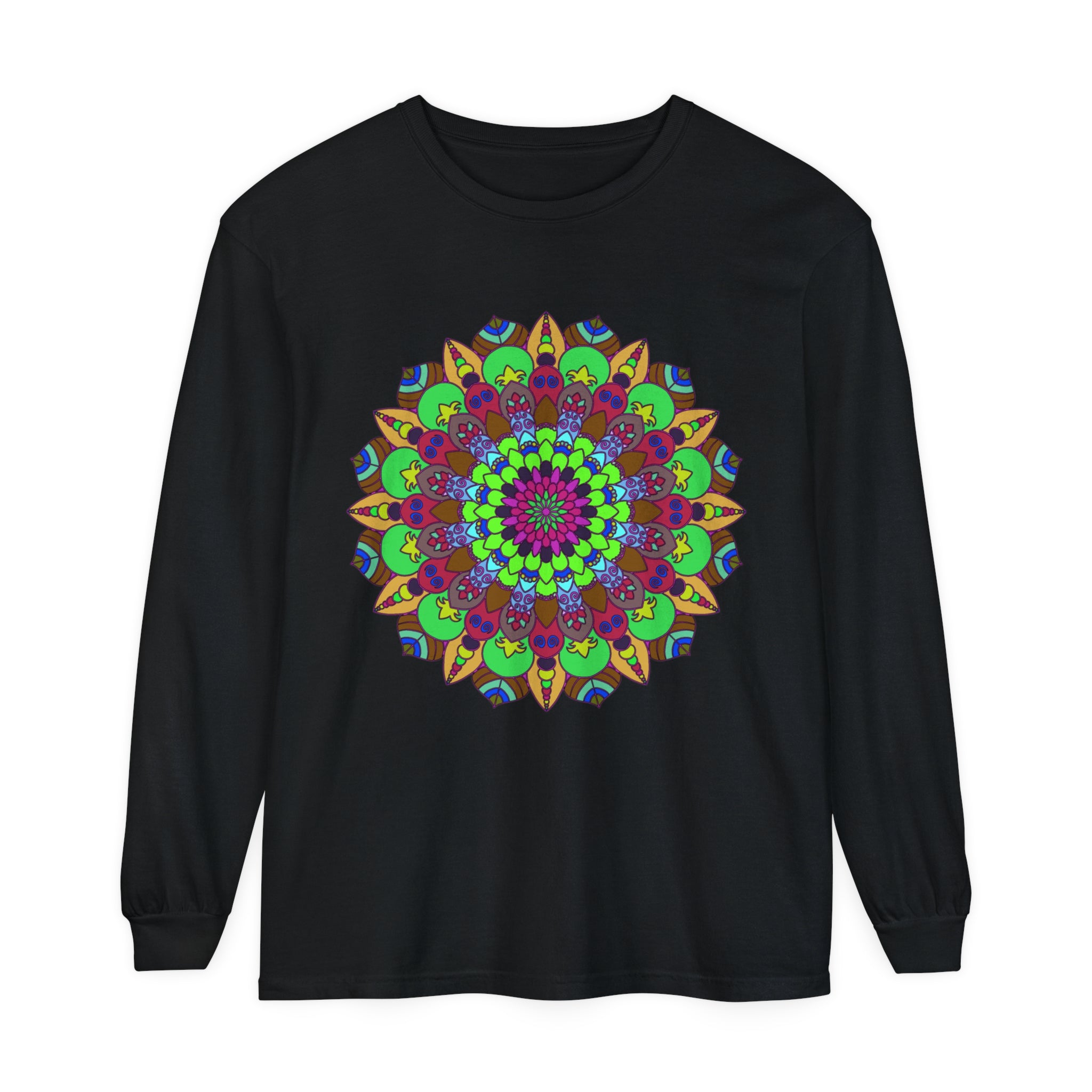 A vibrant and intricately designed unisex long sleeve T-shirt featuring a colorful mandala pattern