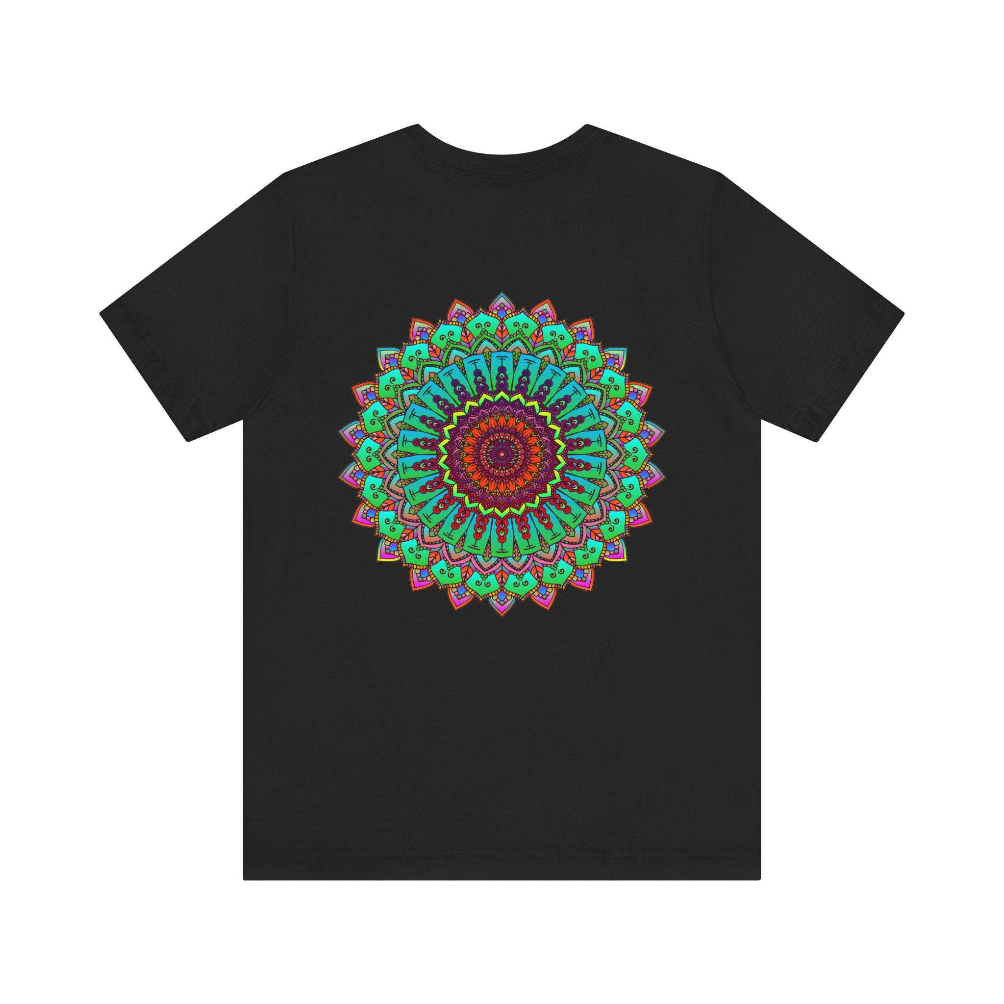 A vibrant and colorful mandala tee featuring intricate patterns for spiritual peace and harmony