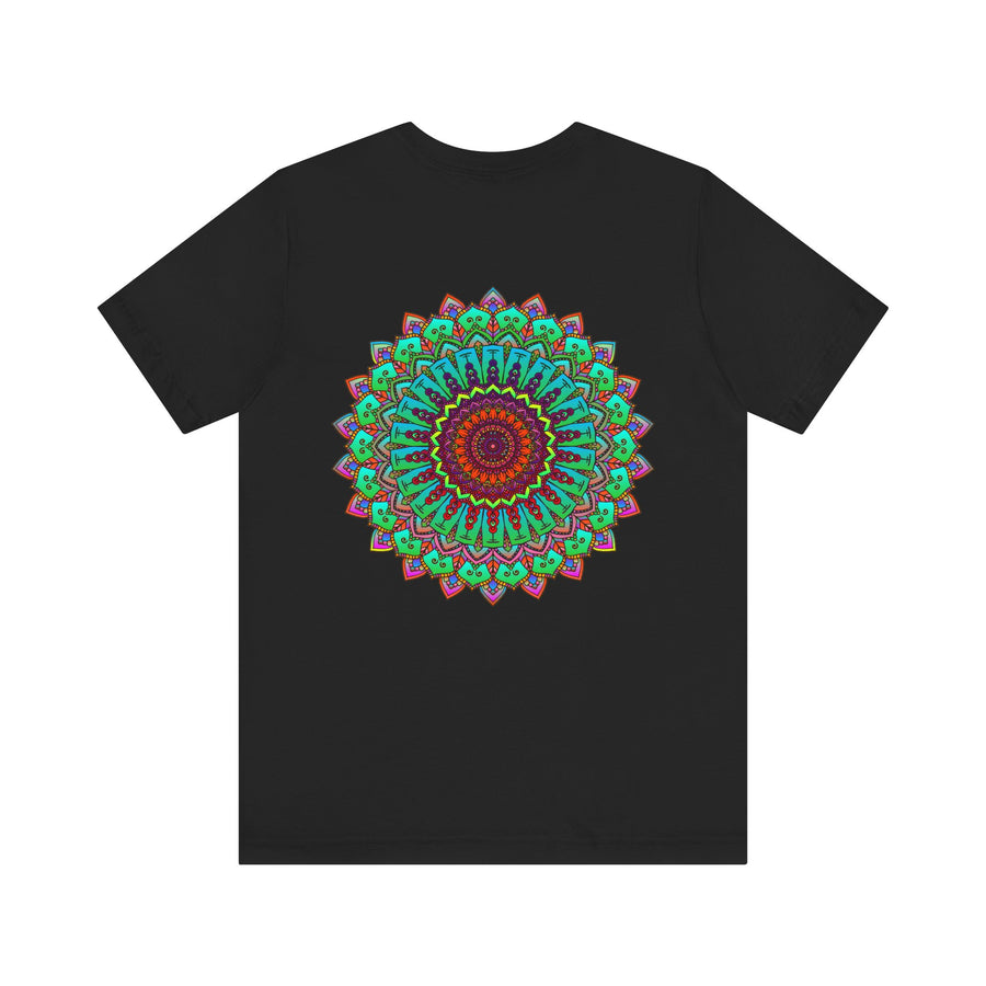 A vibrant and colorful mandala tee featuring intricate patterns for spiritual peace and harmony