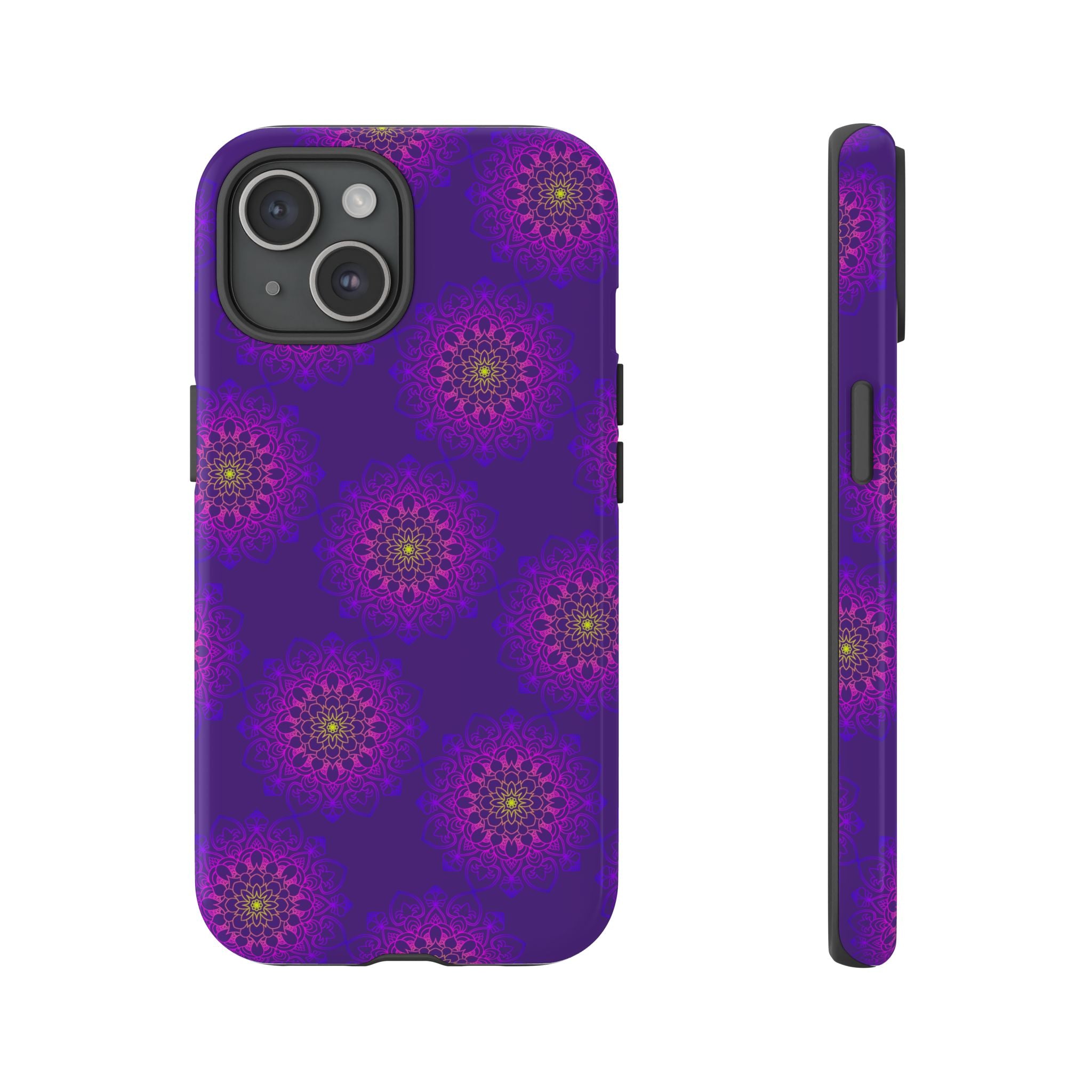 Intricate Purple Floral iPhone Case with Bold Mandala Design