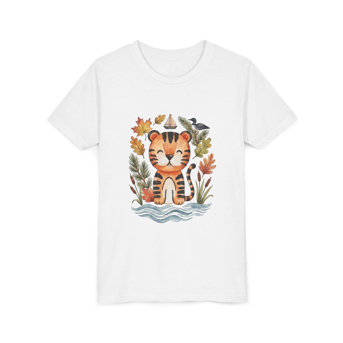 Kids Tiger Lake Ontario Tee — Watercolor Autumn Sailboat & Leaves Youth Short Sleeve Tee