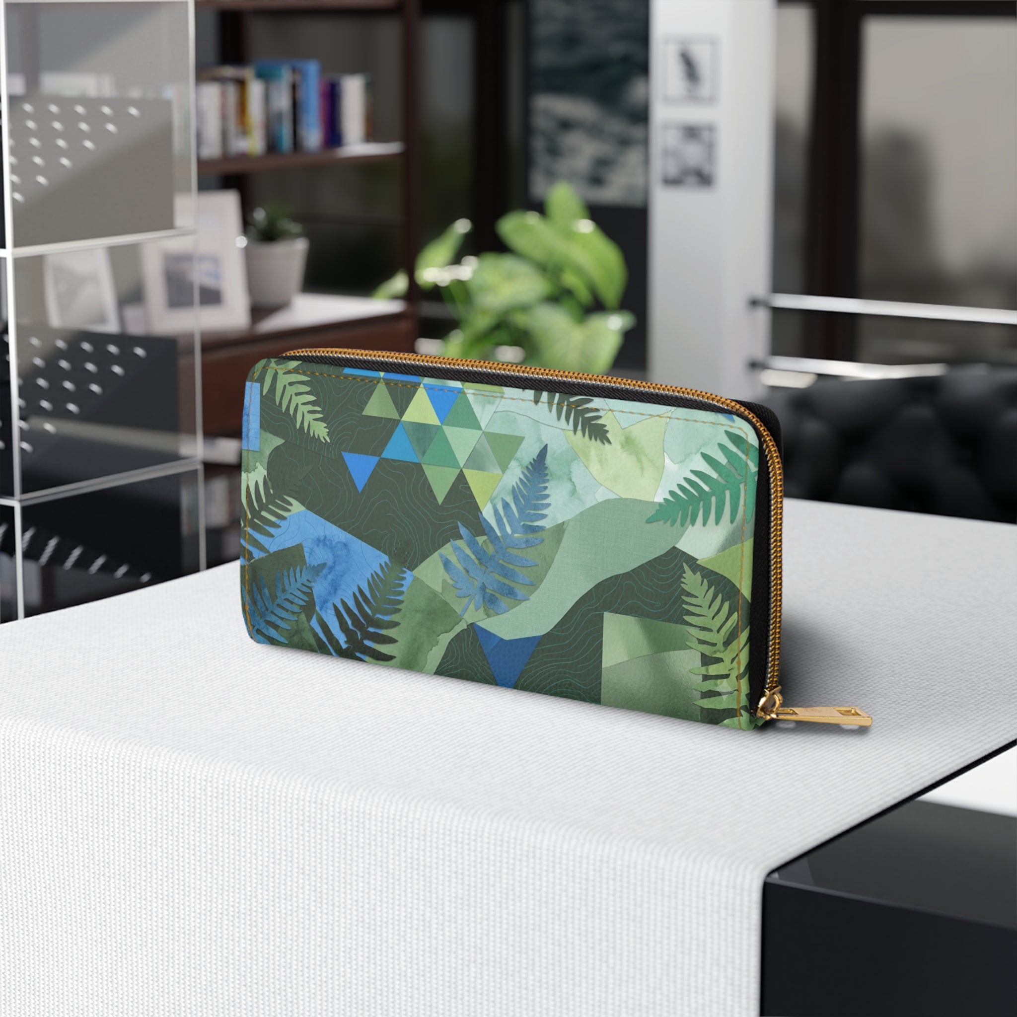 Tropical Fern Zip Wallet — Green Geometric Leaf Pattern Zipper Wallet