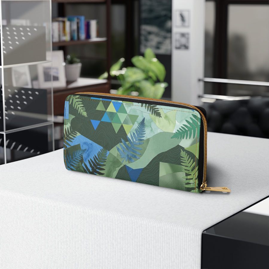 Tropical Fern Zip Wallet — Green Geometric Leaf Pattern Zipper Wallet