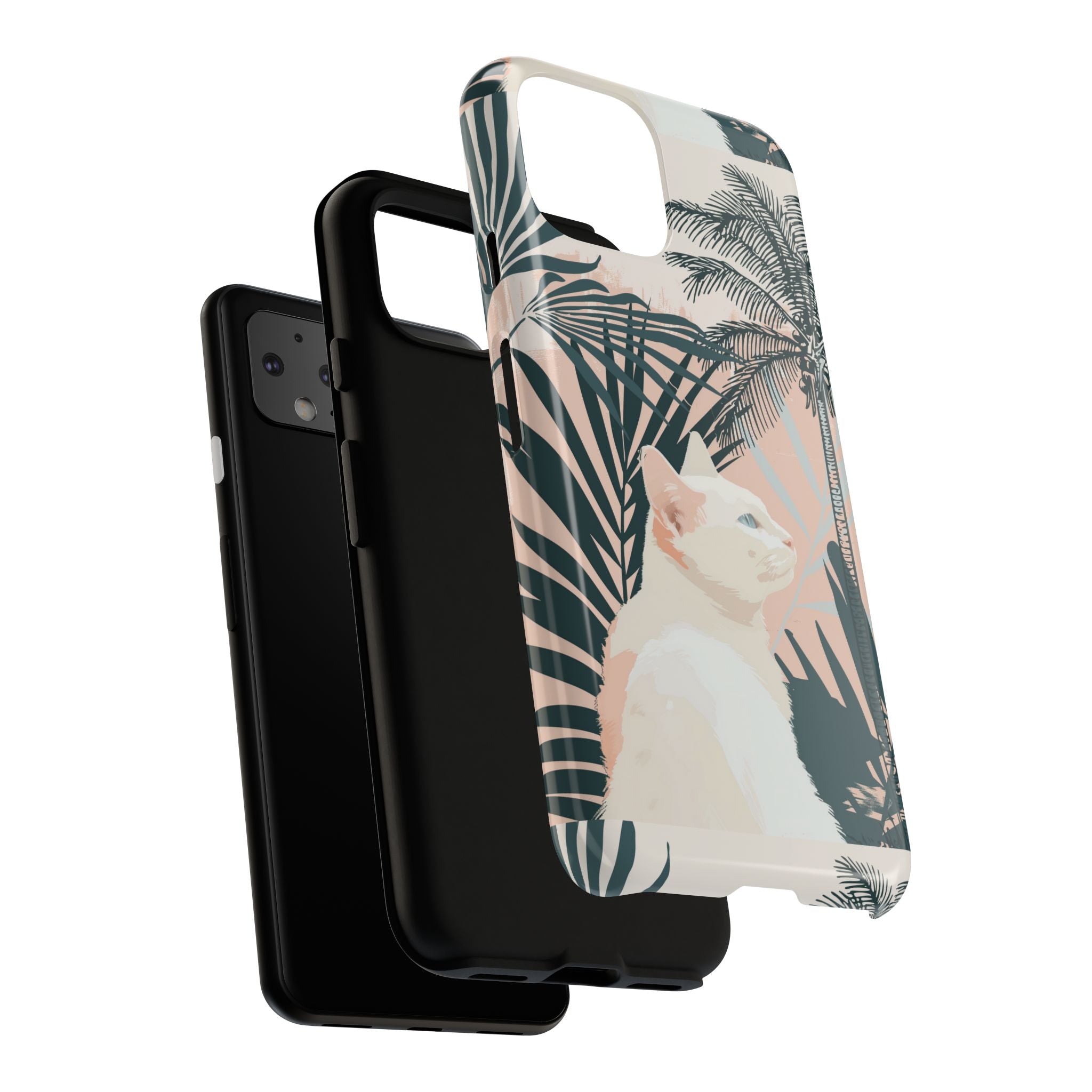 Tropical Cat Phone Case with Lush Palm Motifs and Soft Pastels