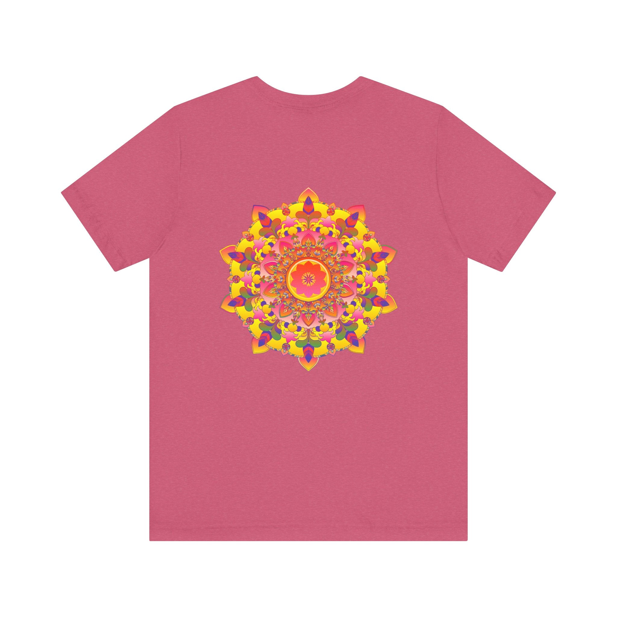 A close-up image of a vibrant mandala tee featuring intricate spiritual designs, symbolizing peace and harmony