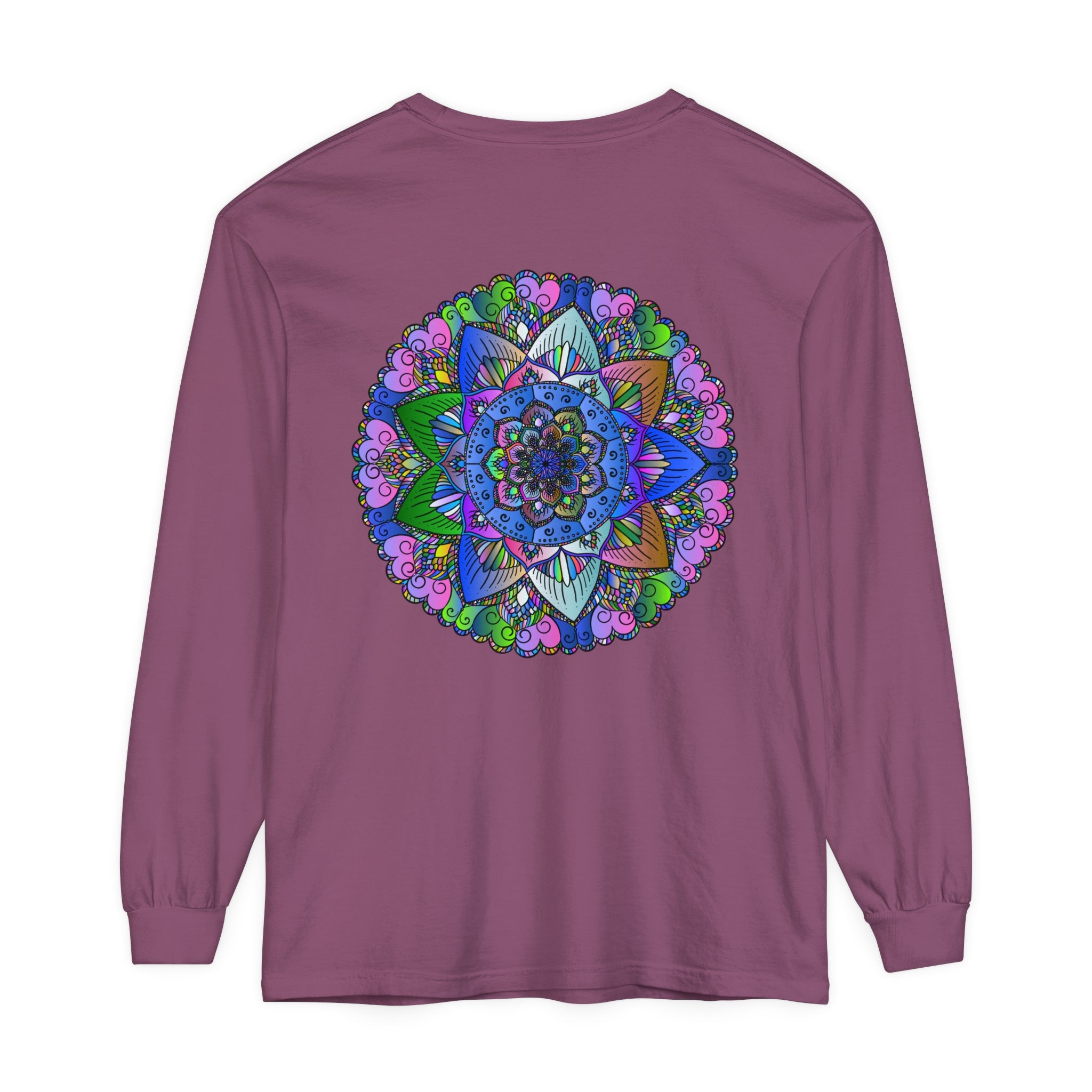 Colorful and intricate mandala design long sleeve unisex t-shirt in vibrant hues