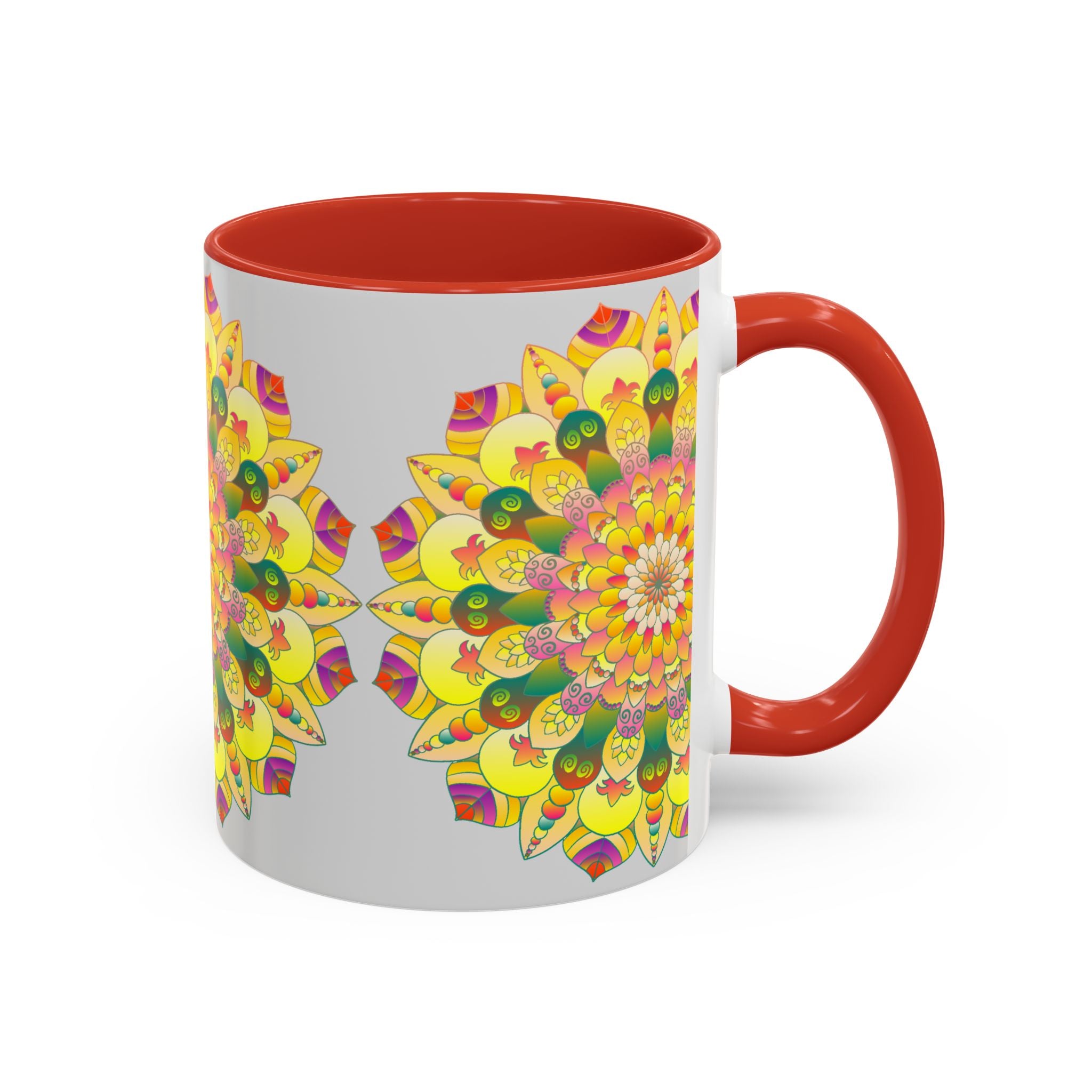 Vibrant mug showcasing a detailed and colorful floral mandala pattern