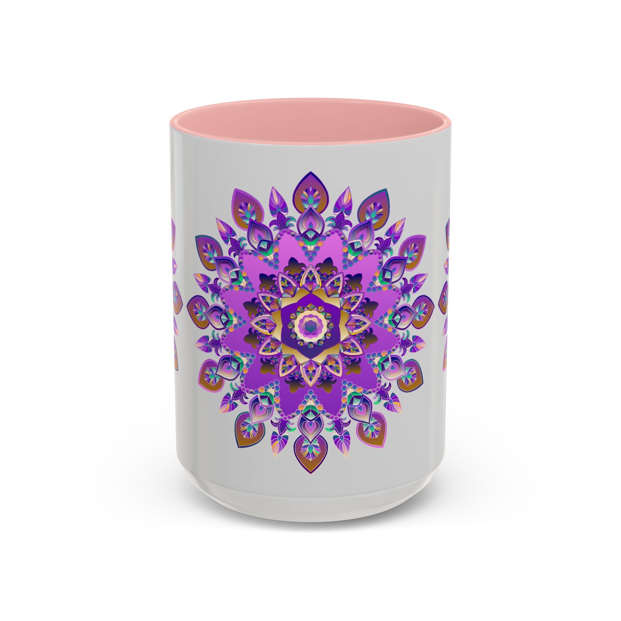 Unique mug with a detailed purple and gold mandala illustration