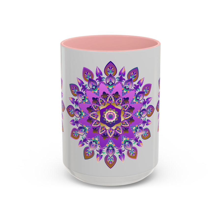 Unique mug with a detailed purple and gold mandala illustration