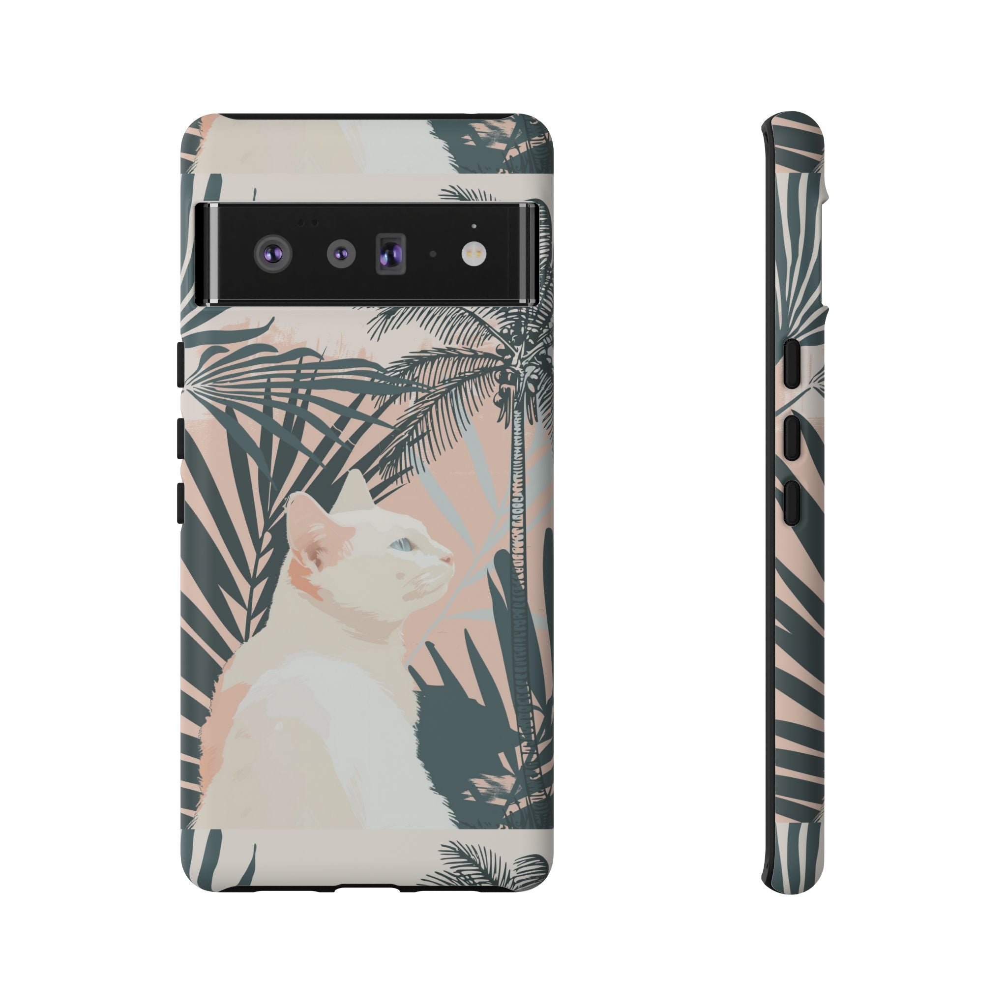 Tropical Cat Phone Case with Lush Palm Motifs and Soft Pastels