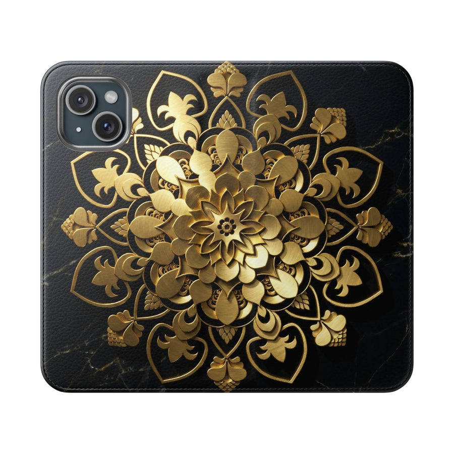 Goldene Mandala-Klapphülle – Luxuriöses Blumen-Portemonnaie-Cover