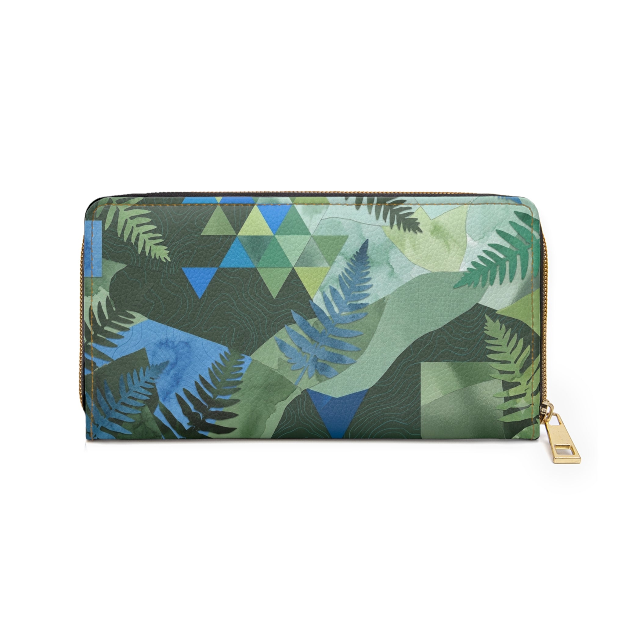 Tropical Fern Zip Wallet — Green Geometric Leaf Pattern Zipper Wallet