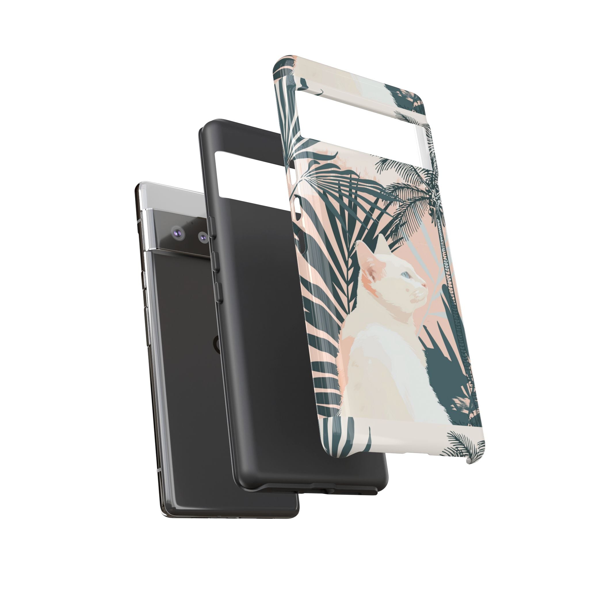 Tropical Cat Phone Case with Lush Palm Motifs and Soft Pastels
