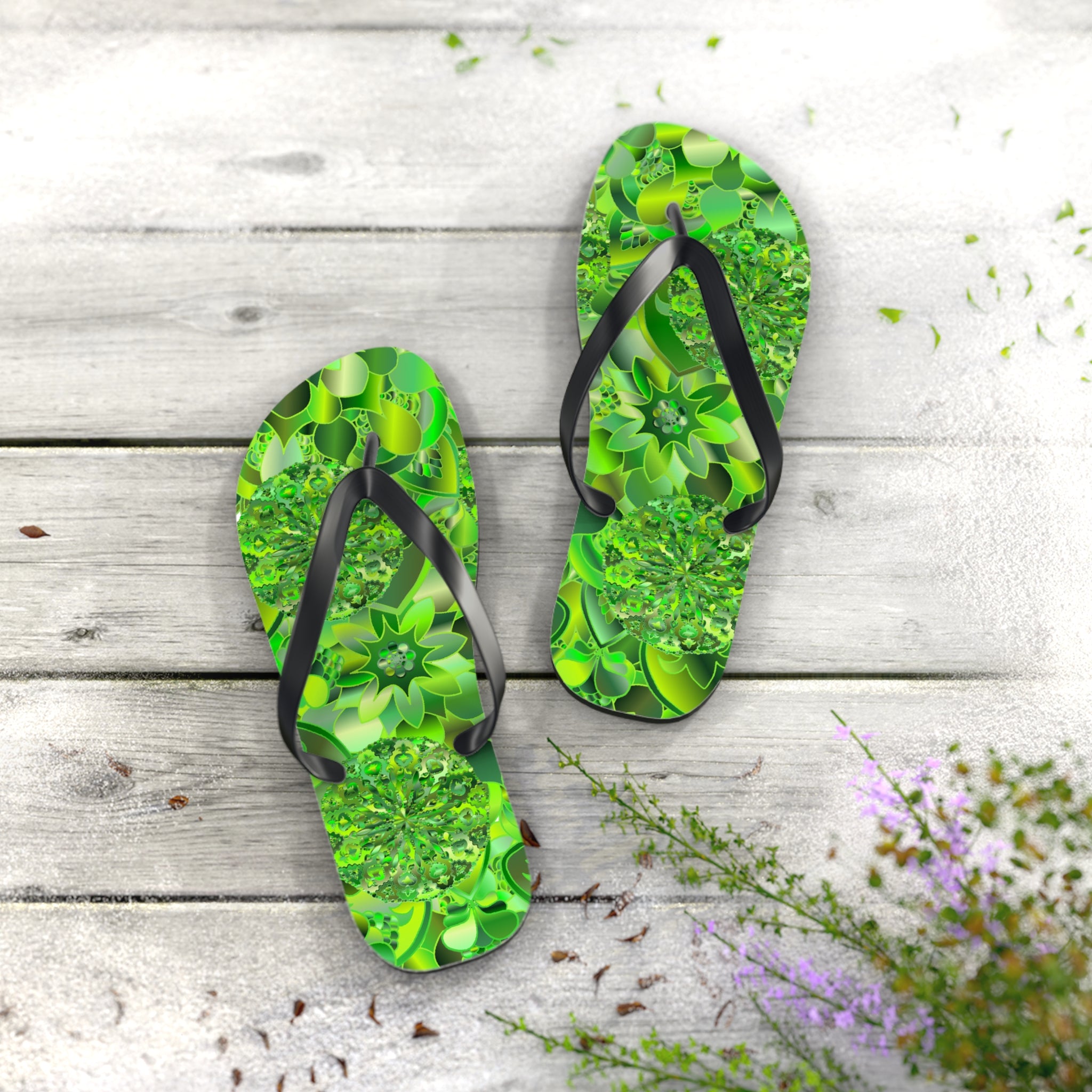 Green Kaleidoscope Flip Flops – Tropical Floral Beach Sandals