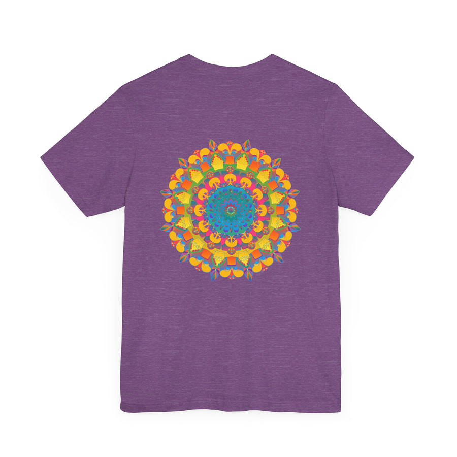 A close-up image of a white t-shirt featuring a vibrant mandala design, symbolizing peace and harmony through its intricate patterns and colorful hues