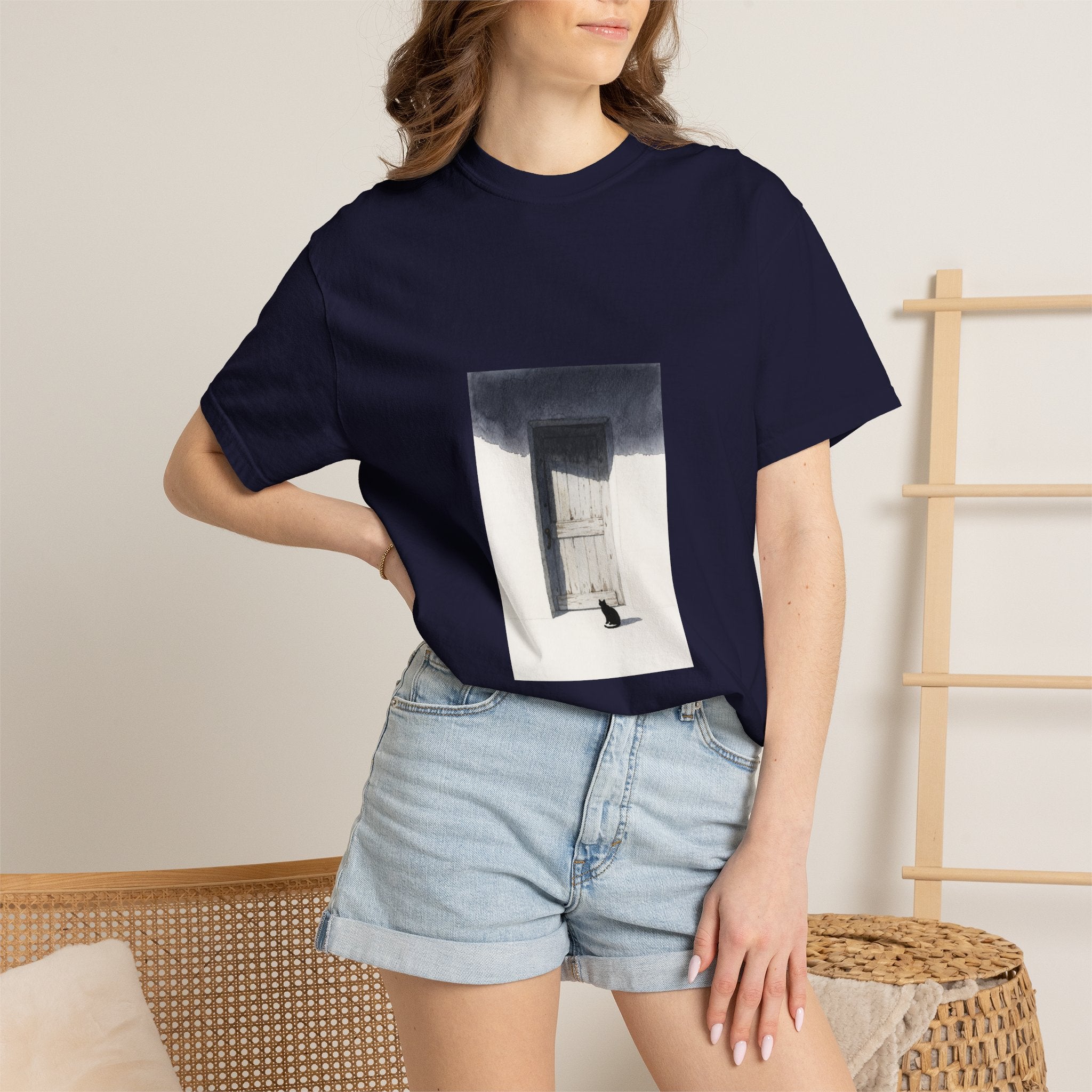 T-Shirt — Minimal Art Cat at Door Graphic Tee