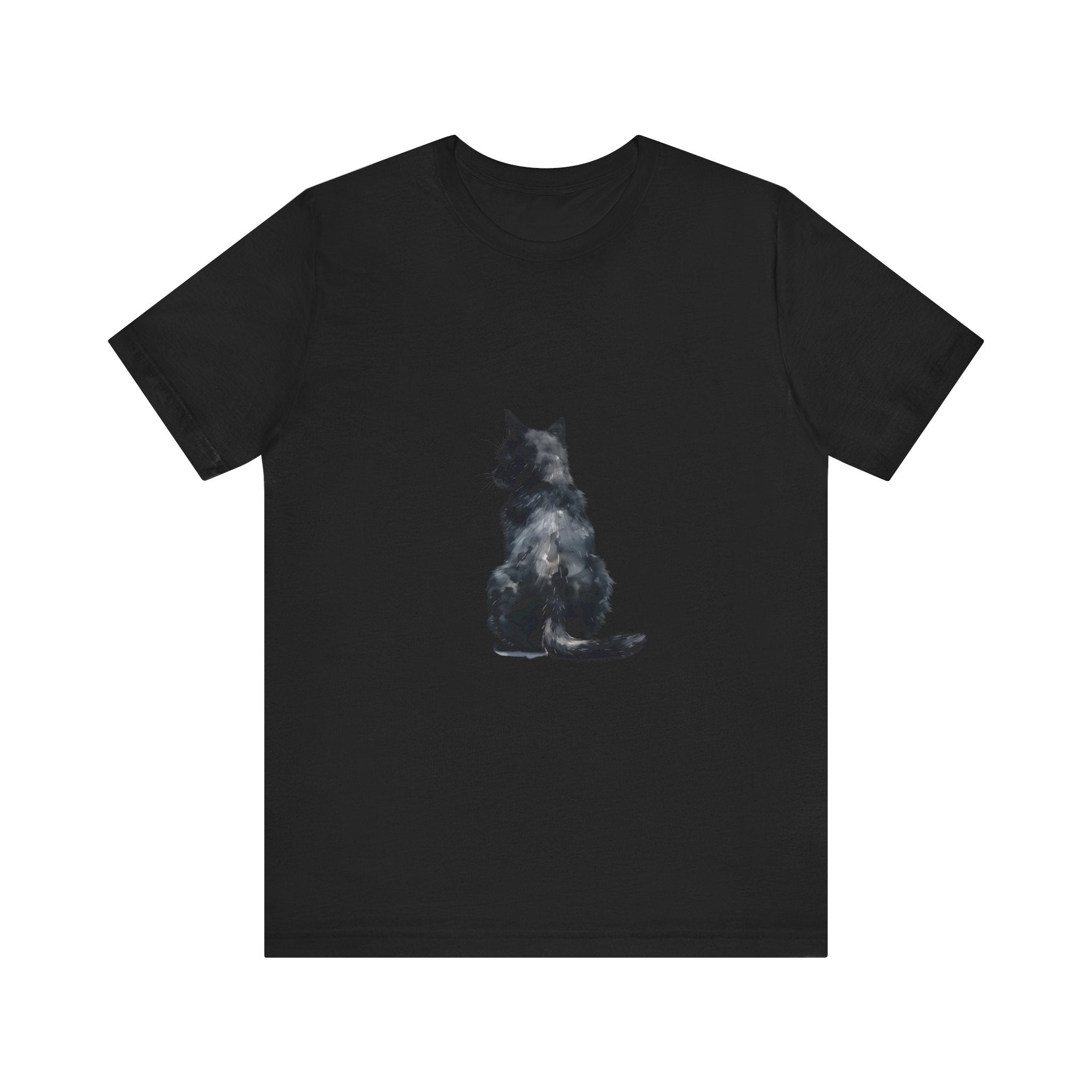Beautiful black cat watercolor t-shirt with a mystical design, perfect for cat lovers and those who appreciate unique artwork