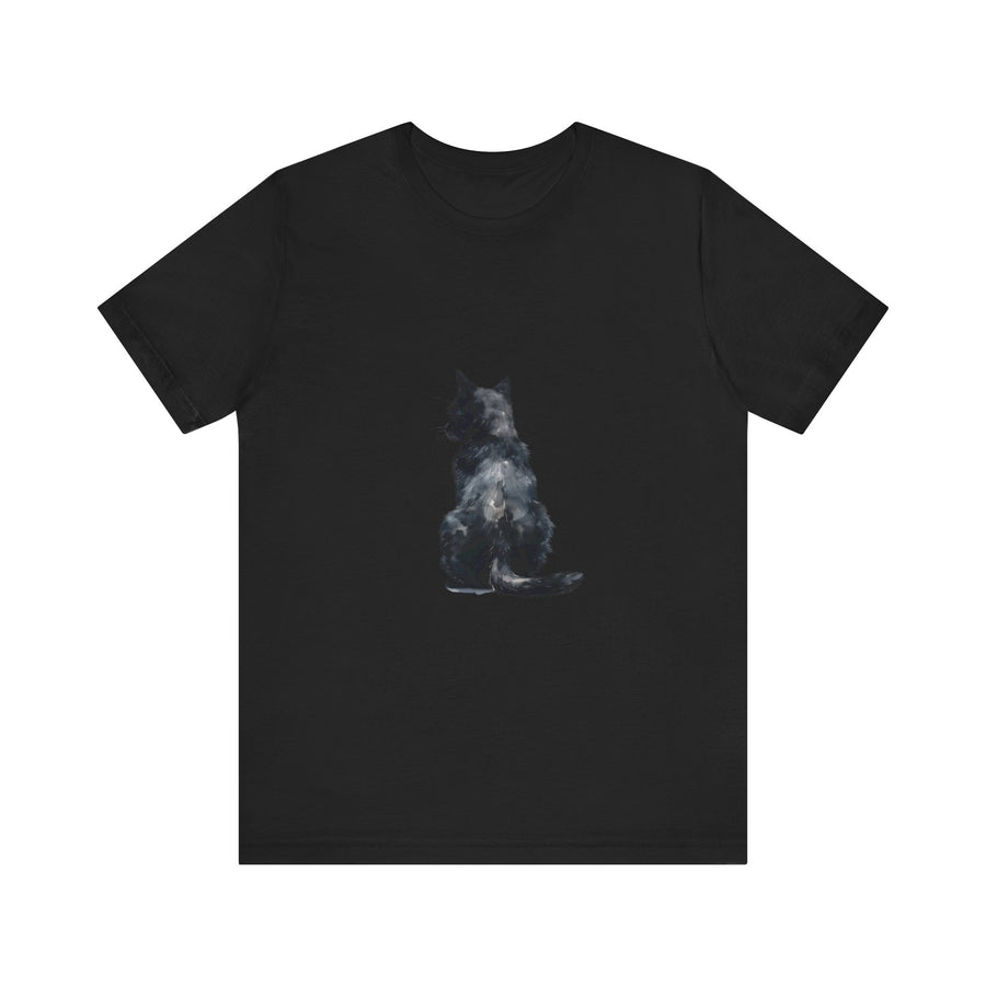 Beautiful black cat watercolor t-shirt with a mystical design, perfect for cat lovers and those who appreciate unique artwork