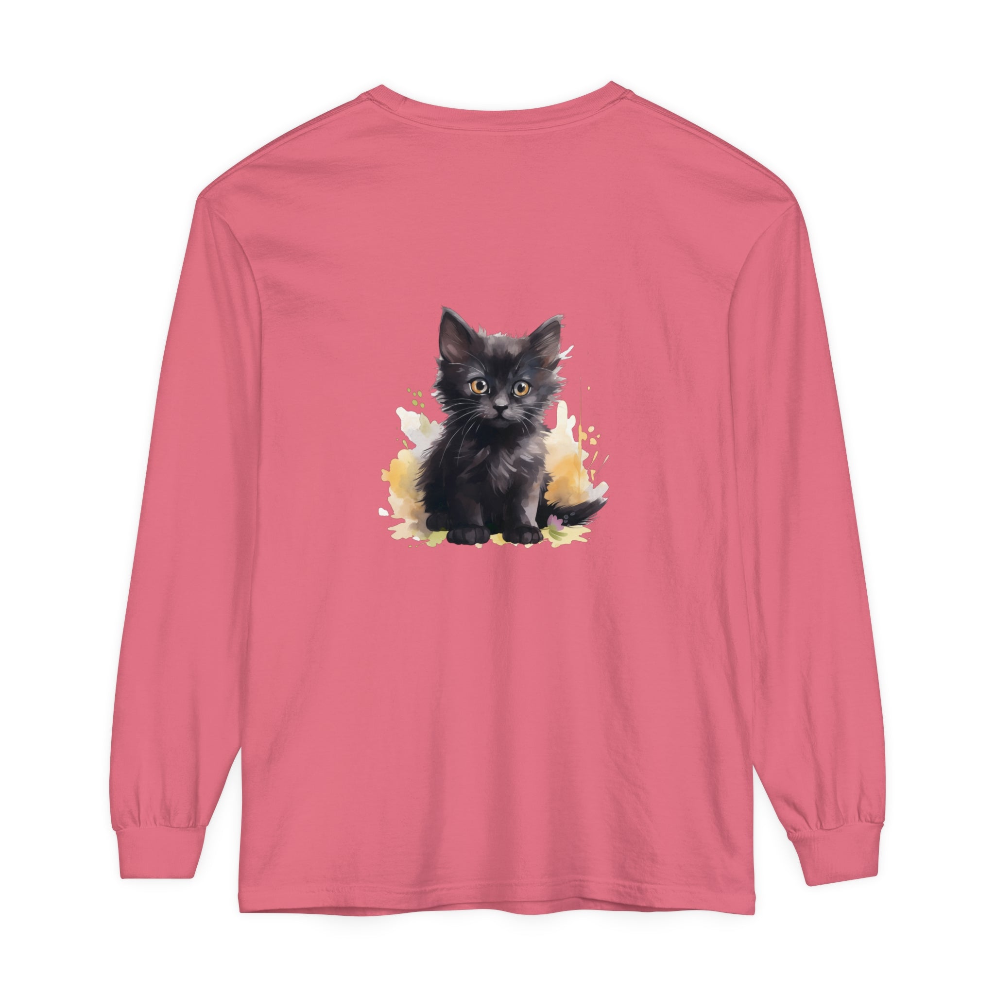 Black Kitten Watercolor Splash T-Shirt with adorable cat design and vibrant colors