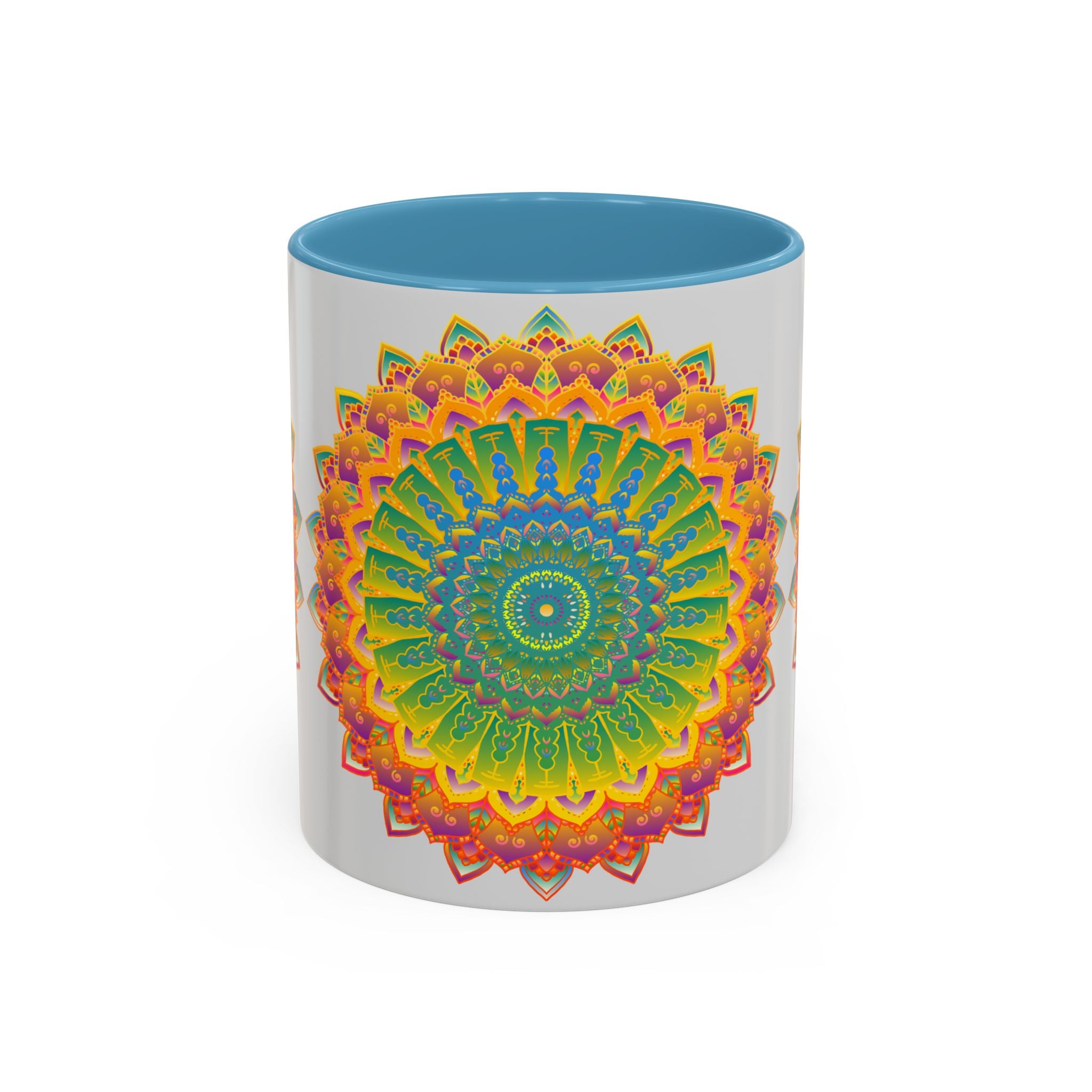 Colorful and intricate mandala art on a glossy ceramic mug