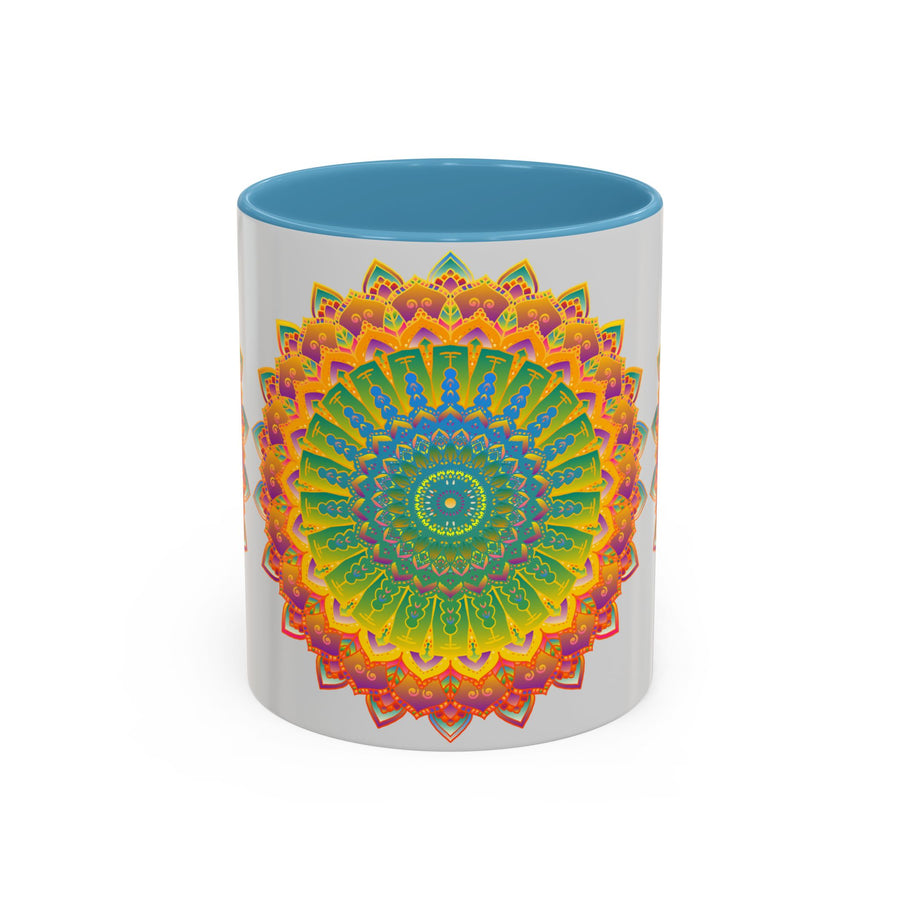 Colorful and intricate mandala art on a glossy ceramic mug