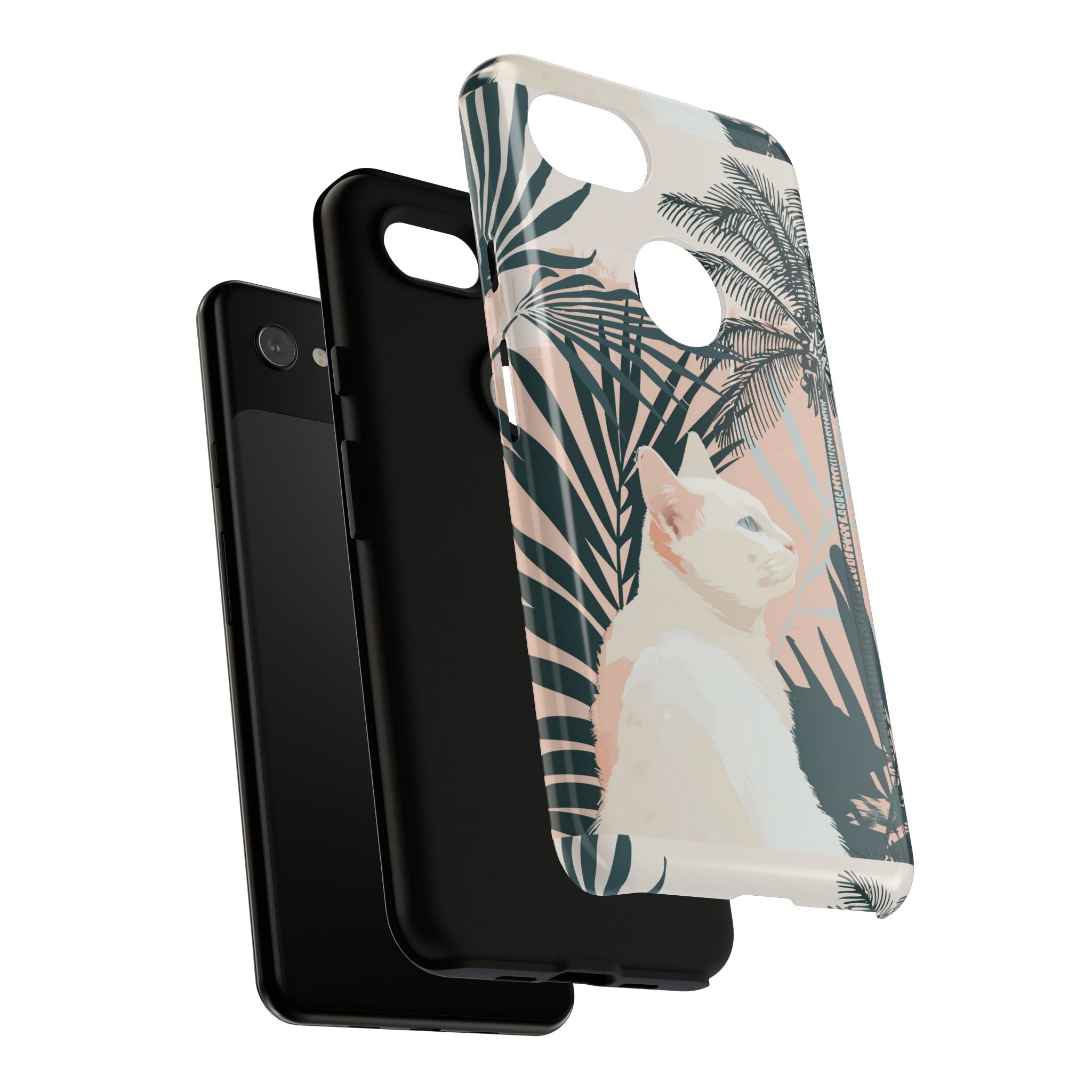 Tropical Cat Phone Case with Lush Palm Motifs and Soft Pastels