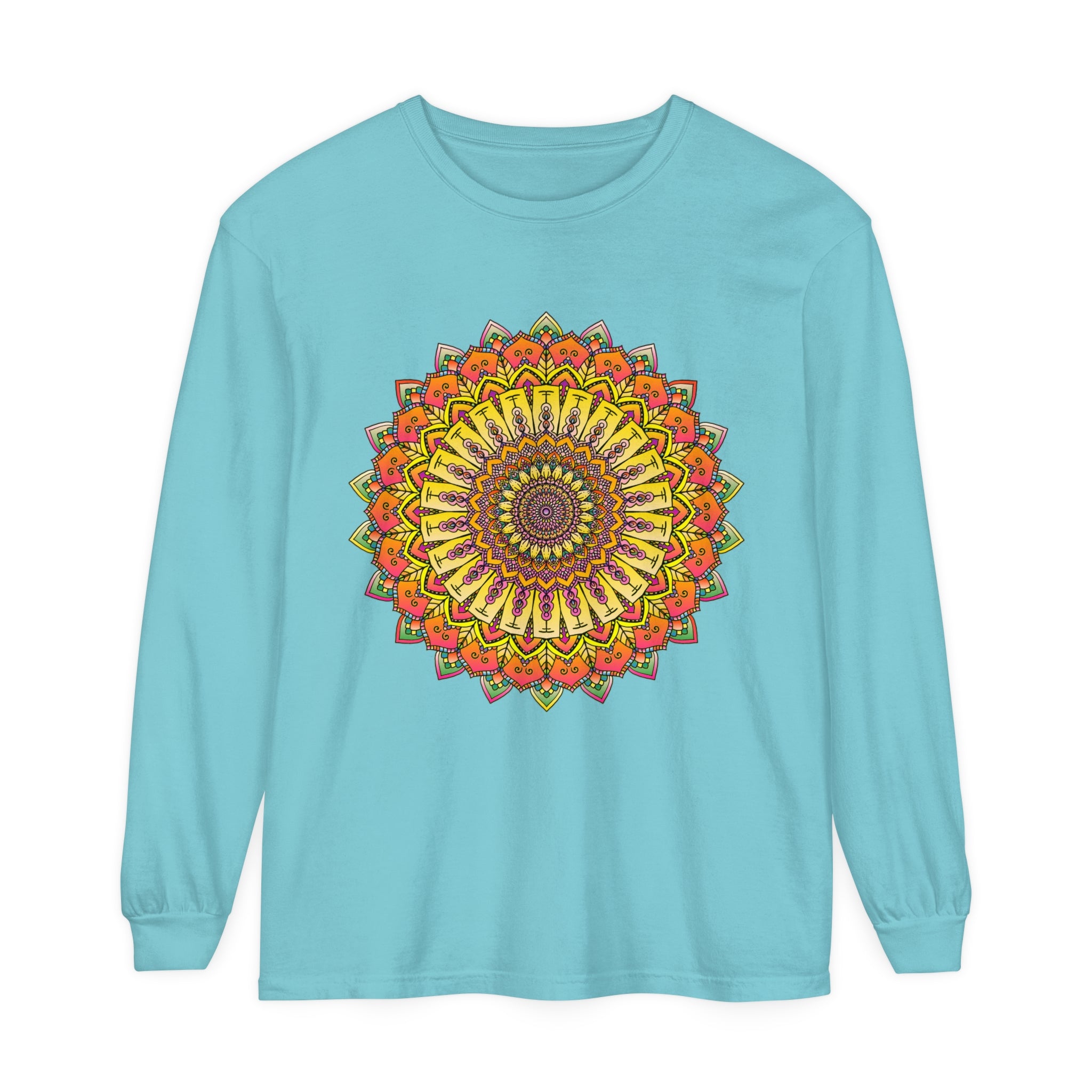 Intricate mandala design featuring various vibrant colors on unisex long sleeve t-shirt
