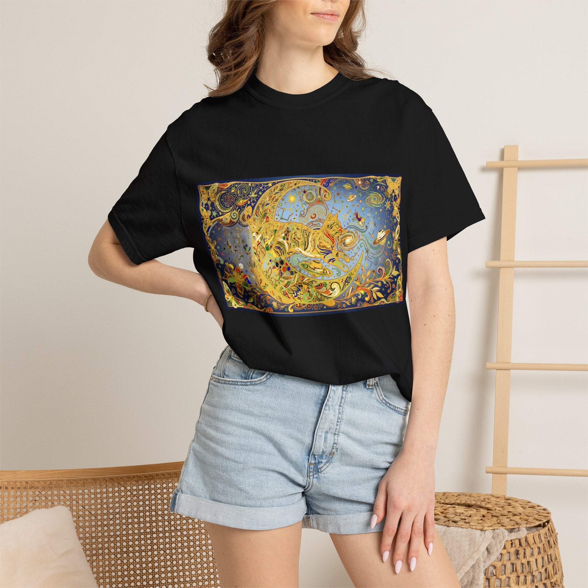 Crescent Cat & Moon T-Shirt — Vintage Celestial Tee