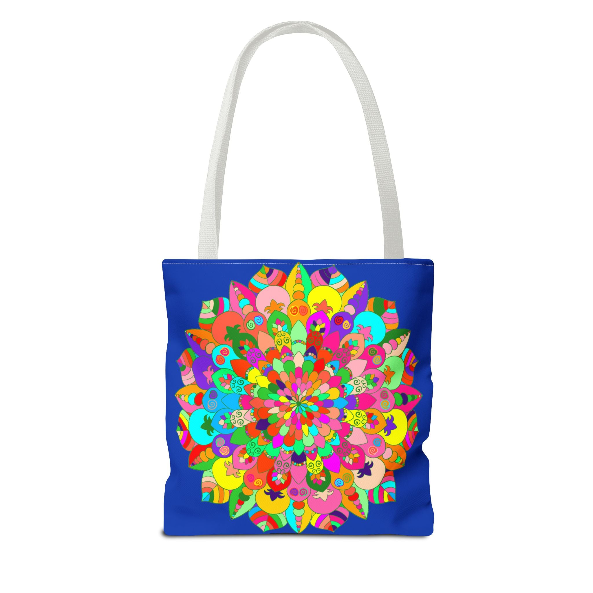 Dark blue tote bag featuring a vibrant and intricate mandala art design